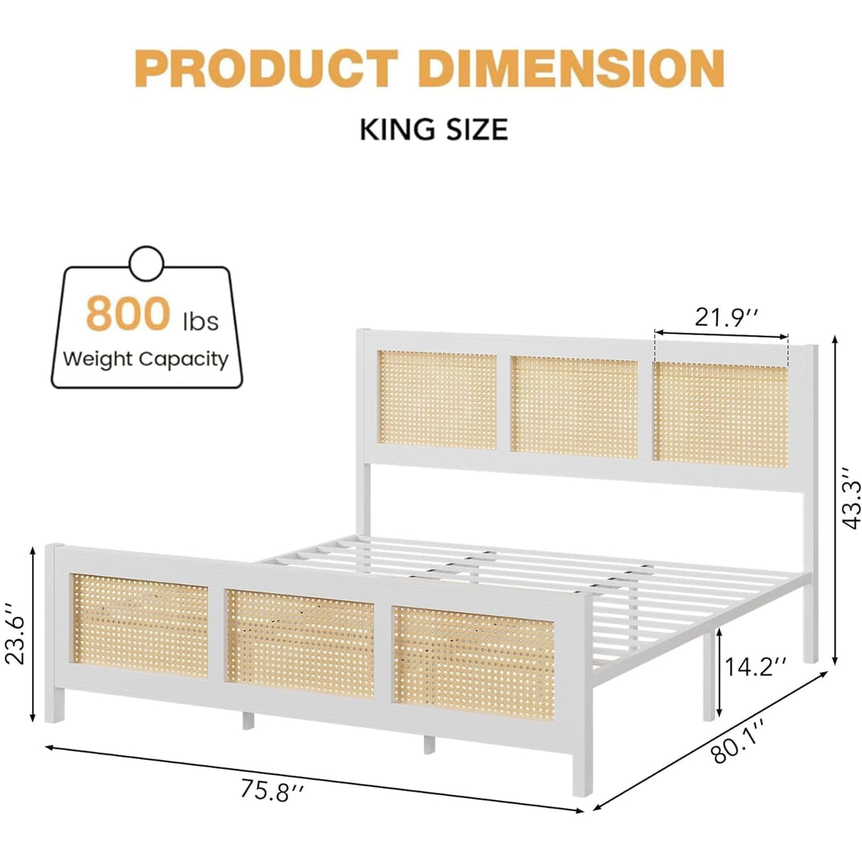GarveeHome King Size Rattan Bed Frame with Headboard, White Boho Cane Platform Bed Frame with Strong Metal Slat, Noise Free, No Box Spring Needed GarveeHome
