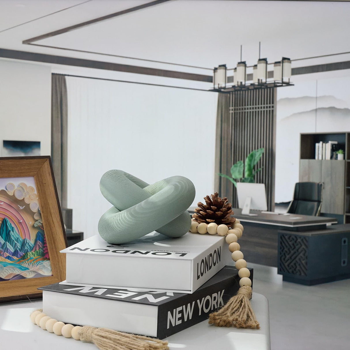 baqor 2-Link Wood Knot Decor - for Coffee Table Bookshelf Boho Celtic Home Entryway Living Room Office Rustic Farmhouse Decorative Object Wooden Knot Chain Link Accents Modern Sculpture baqor