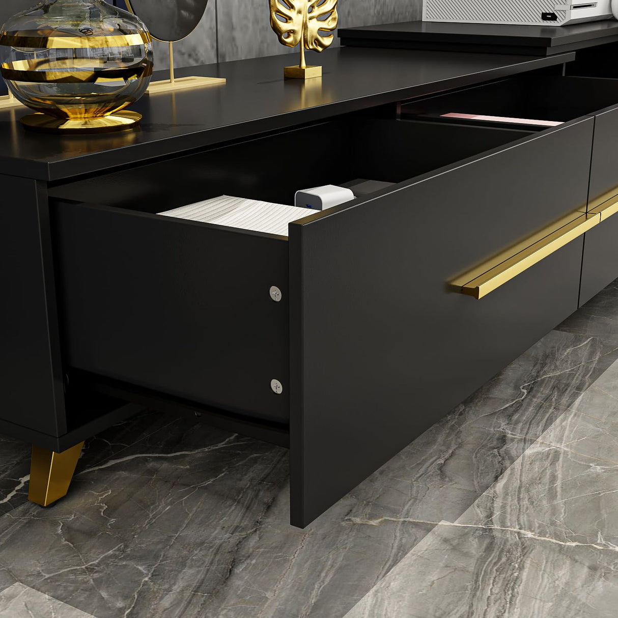 AIEGLE Deformable TV Stand with 4 Drawers, Modern Extendable TV Stand in Stretch for TVs up to 120", Wood Gaming Entertainment Center Media Stand with Adjustable Width, Black (Wide 95"-134") AIEGLE