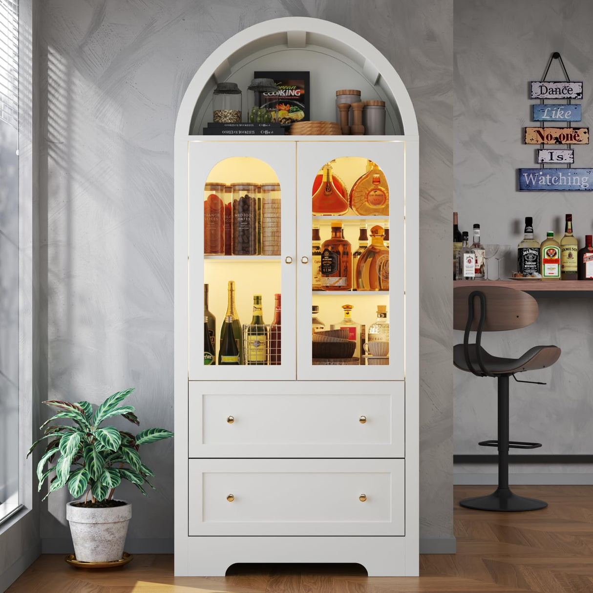 70" Tall Arched Kitchen Pantry Cabinet with LED Lights, Wood Kitchen Storage Cabinets with Glass Doors and 2 Large Drawers, Modern Versatile Cupboard with Adjustable Shelves for Dining Room, White Gyfimoie