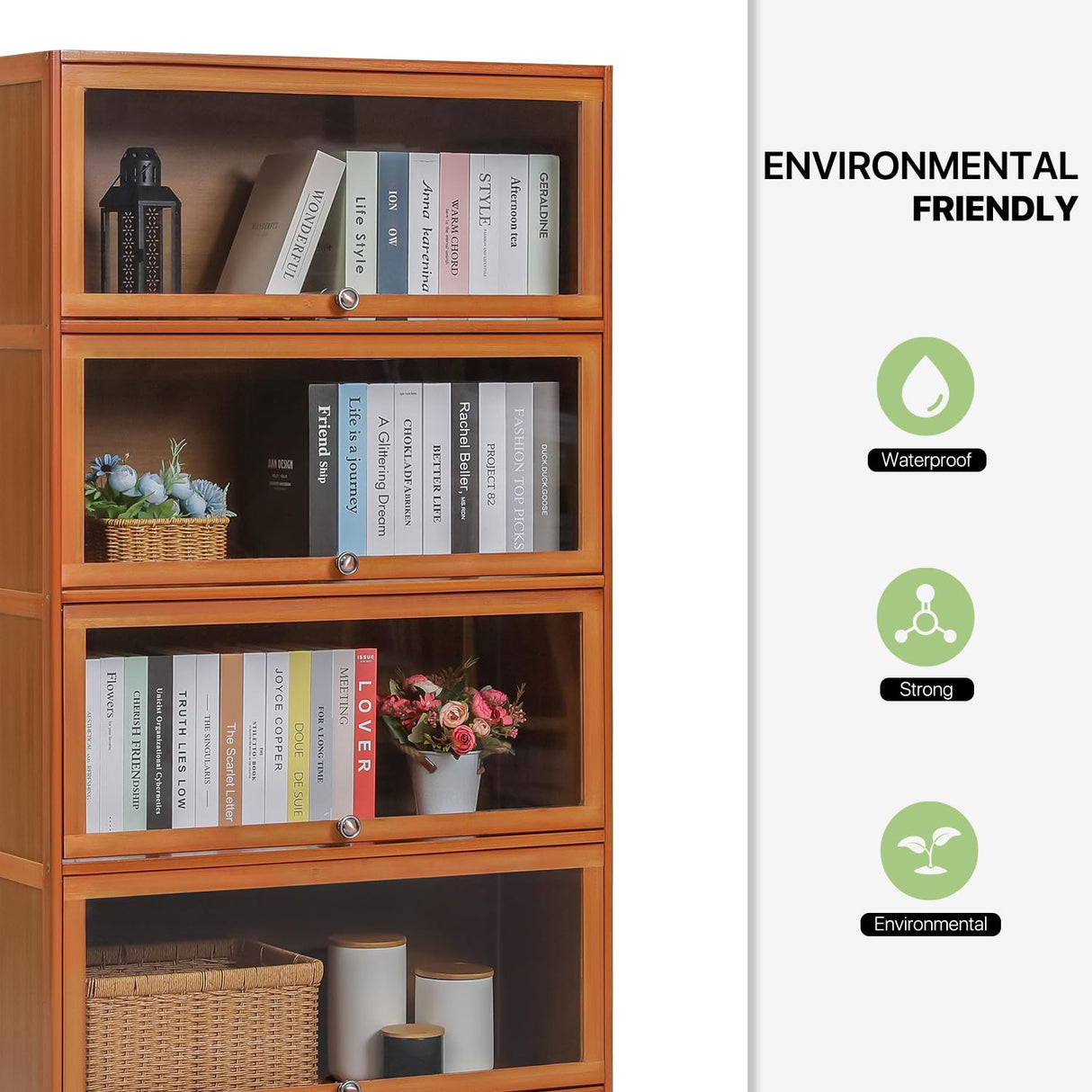 Magshion Bamboo 4-Tier Display Case Bookcase with Clear Acrylic Flip-Up Doors, Wide Brown Kitchen Cabinet Storage Pantry Cabinet Showcase Storage Cabinet Organizer - 31" L x 12.5" W x 54.5" H Magshion