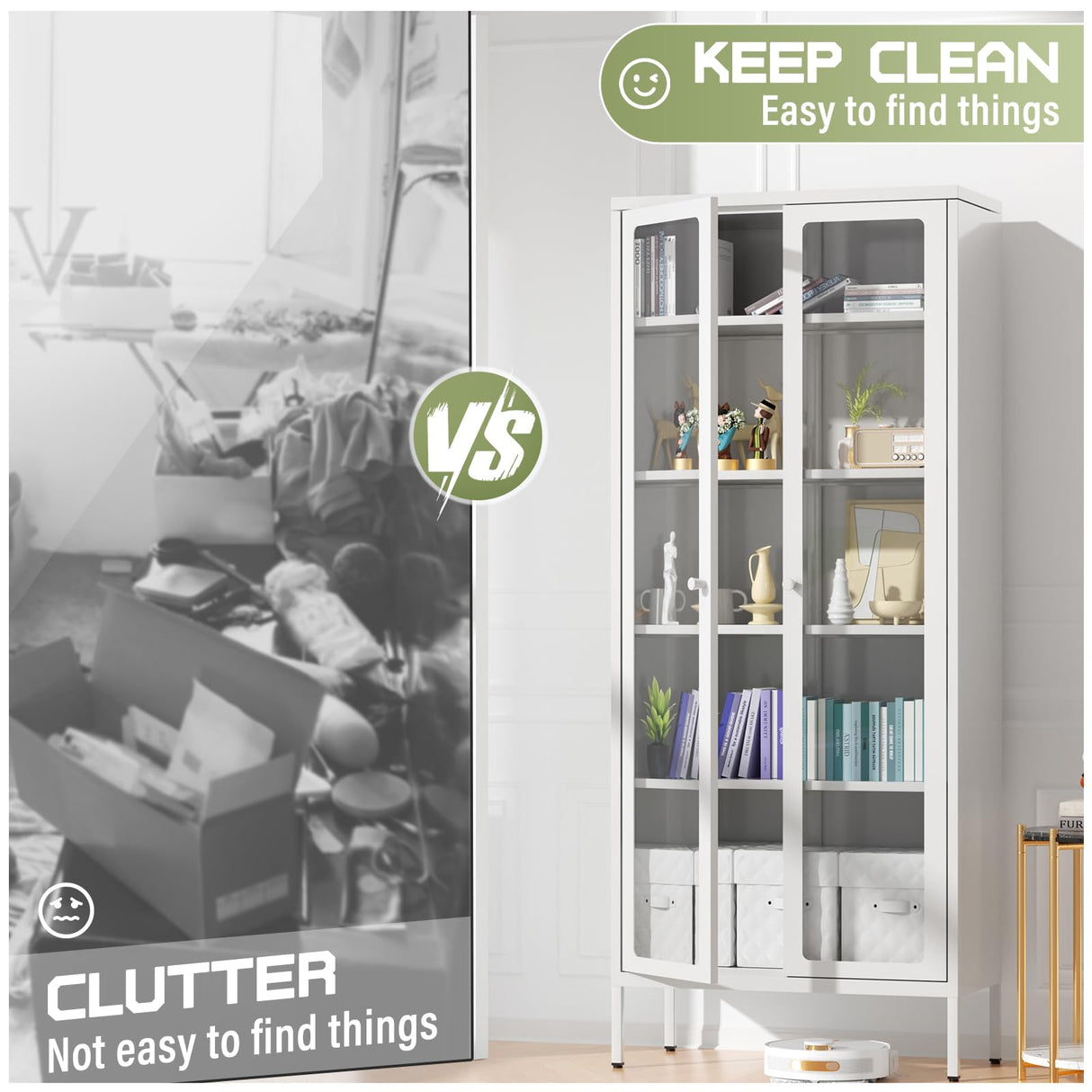 Oakcloud 67" Metal Glass Display Cabinet, Storage Cabinet for Collectibles, Curio, China, Books, Display Case with Glass Doors and 4 Adjustable Shelves for Home Office, Living Room, Pantry (White) Oakcloud