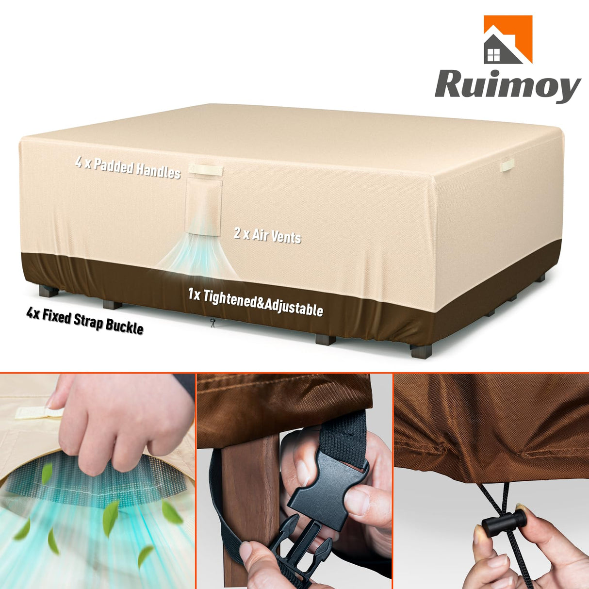Ruimoy Patio Furniture Covers, Outdoor Furniture Cover Waterproof, General Purpose, Outside Table and Chair Covers, Heavy Duty 600D (108 Inch L x 82 Inch W x 27.9 Inch H)-Brown Ruimoy