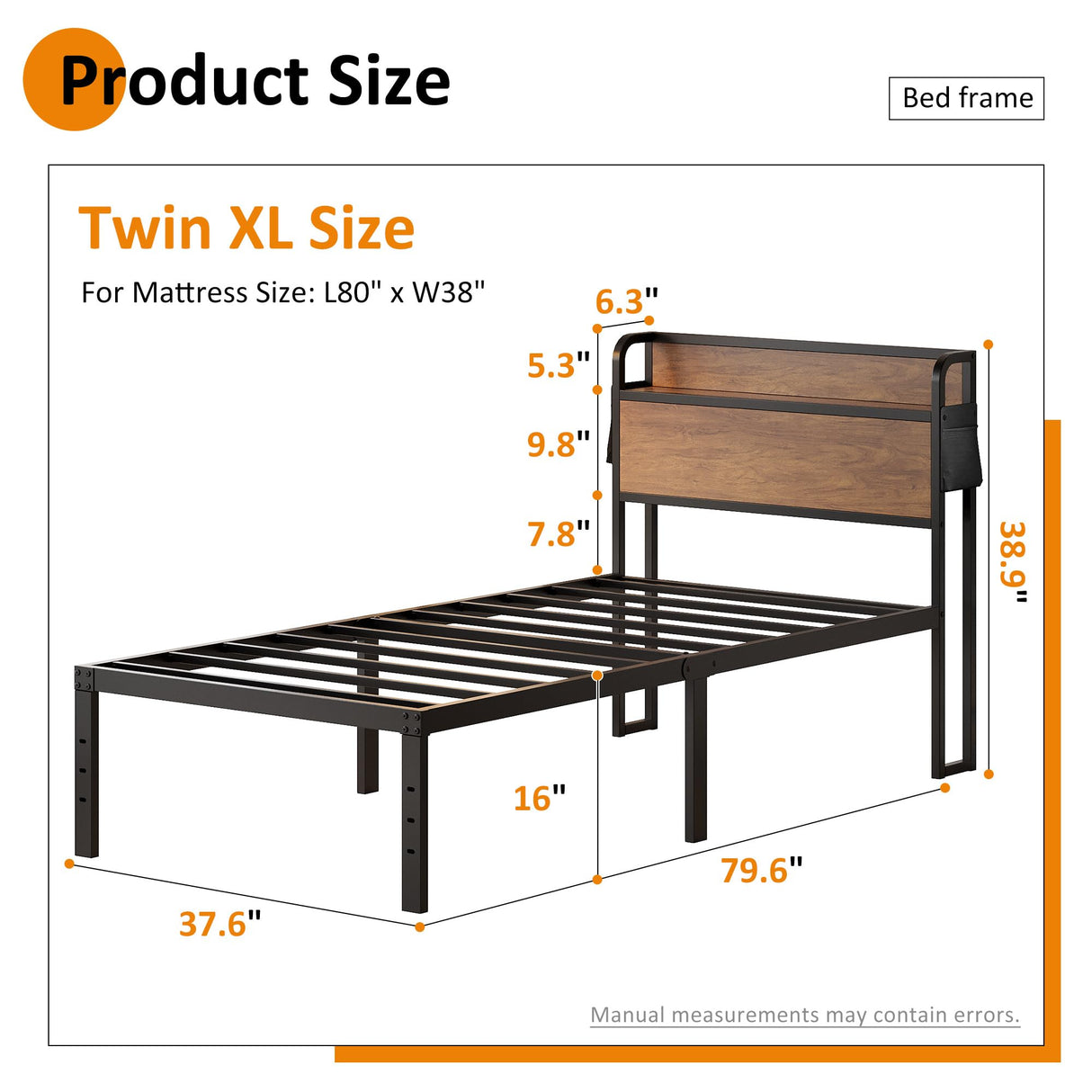 Maenizi 16 Inch Twin XL Bed Frames with Wood Headboard, Storage Bed Frame Twin XL No Box Spring Needed, Noise Free, Mahogany Maenizi