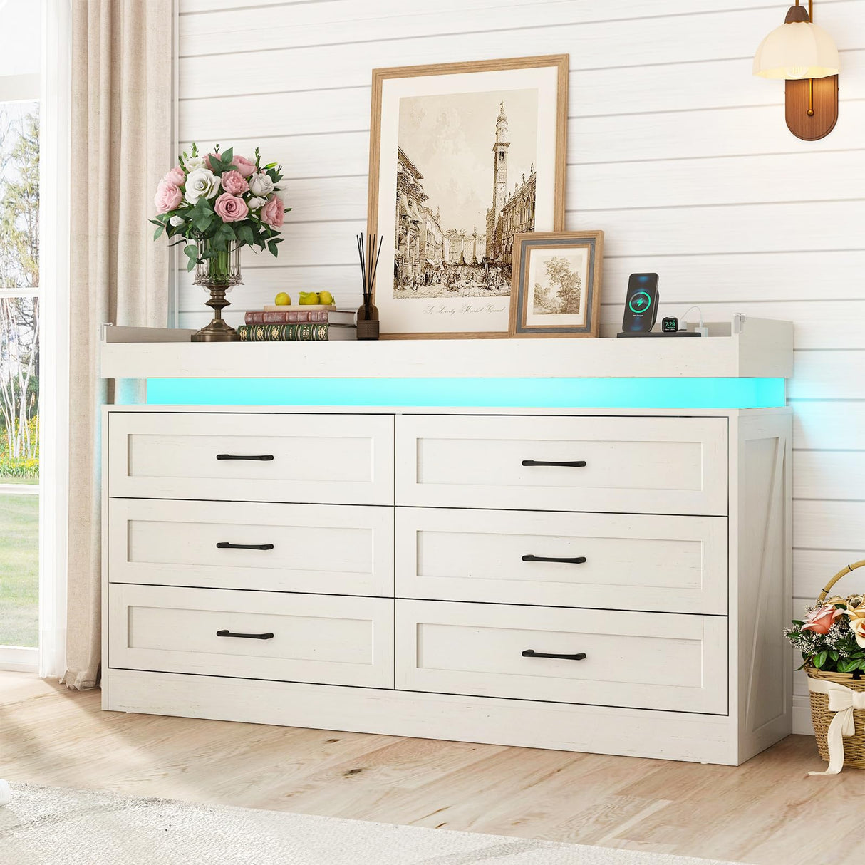 Hlivelood 59" Large Farmhouse 6 Drawers Dresser for Bedroom,Wide Wood Rustic 6 Chests of Drawers for Closet,with LED Light and Power Outlets,Tall Storage Dresser Organizer for Bedroom(White) Hlivelood