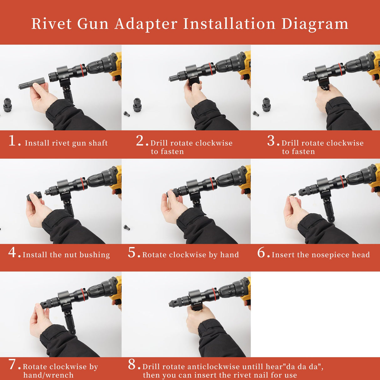JIOGOWISE 2-in-1 Design Cordless Rivet Gun Adapter and Rivet Nut Adapter,Electric Drill Tools Accessory Kit with Carry Case,7 Metric Mandrels M3 to M12, 6 Rivet Heads 2.4mm to 6.4mm JIOGOWISE