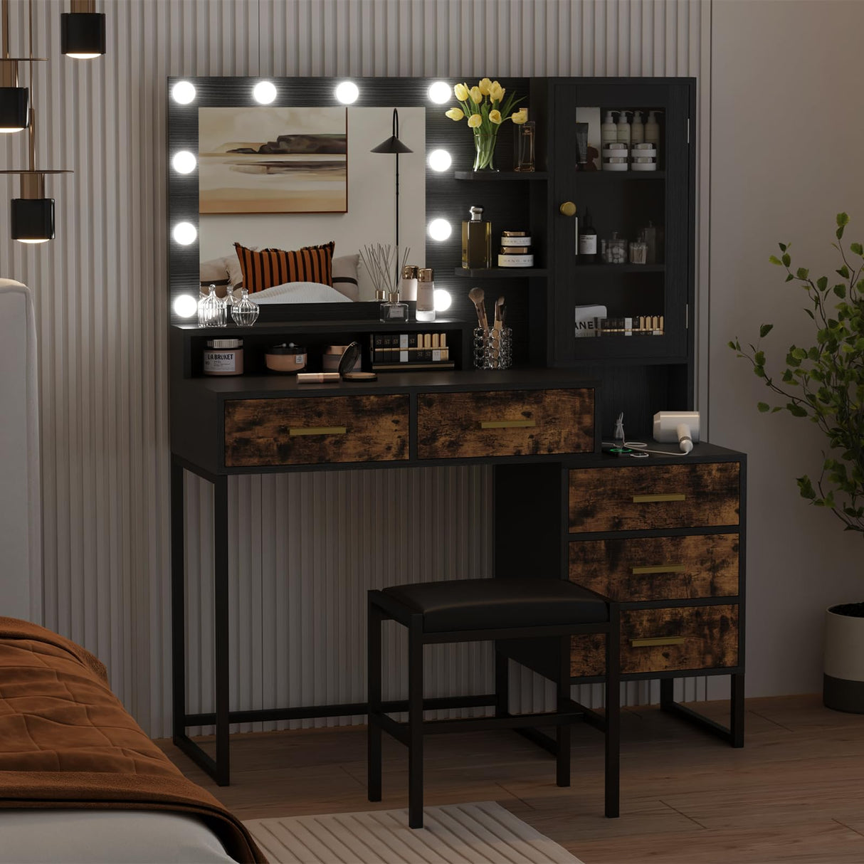 Makeup Vanity with Lights in 3 Colors, Vanity Table with Charging Station of 2 USB Ports and Outlets, Vanity Desk with Large Mirror, Drawers and Shelves, Rustic Brown and Black Knowfunn