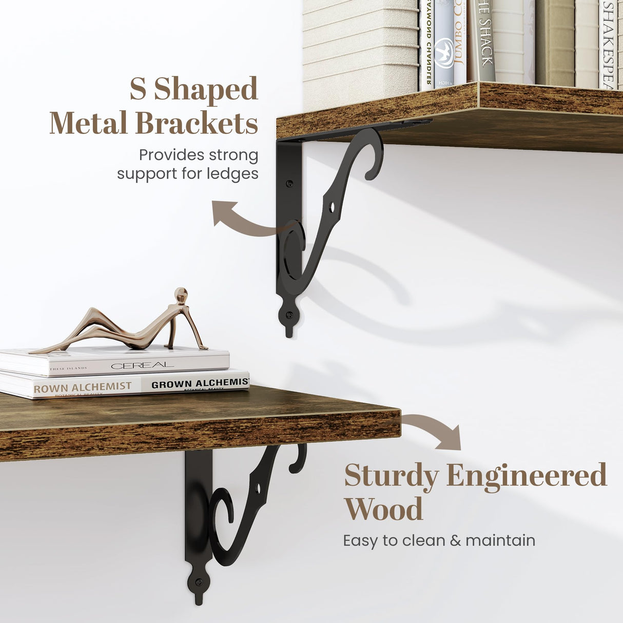 Fun Memories 40 Inch Floating Shelves Wall Mounted, 12 Inch Deep Wall Shelves with Bracket, Rustic Hanging Bookshelf, 40" Bookshelves for for Living Room, Kitchen and Bedroom, Rustic Brown, Set of 2 Fun Memories