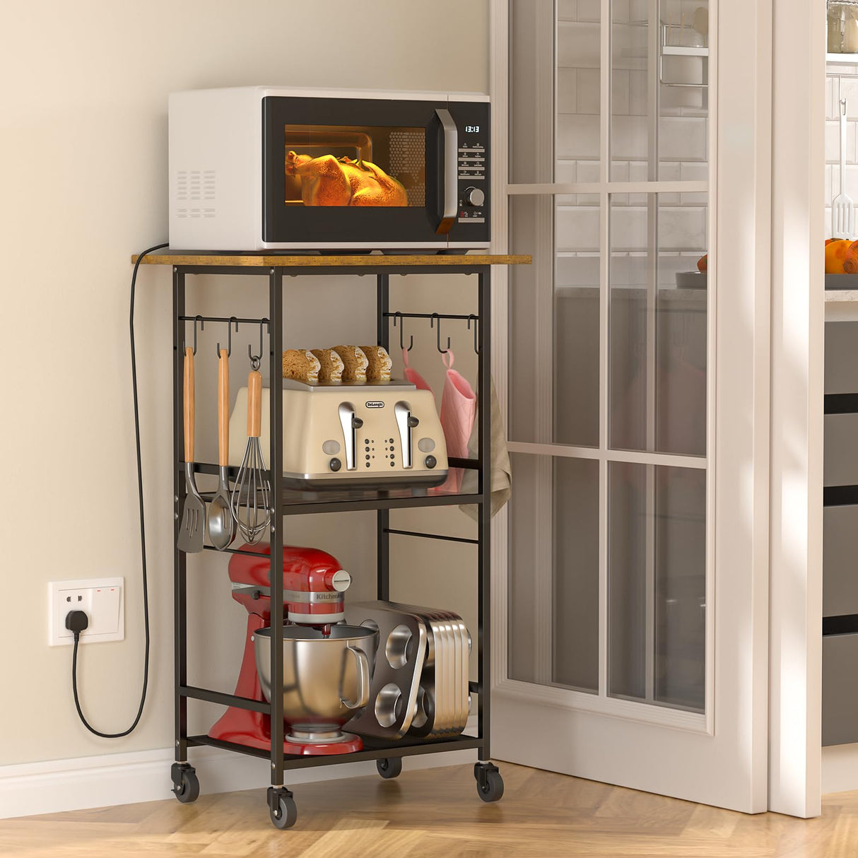 ThreeHio Rolling Kitchen Microwave Cart, 3 Tier Microwave Table Stand with Adjustable Shelf, Kitchen Storage Rack on Wheels, Coffee Station Cart Rack Shelf Organizer for Living Room Office, Balcony ThreeHio