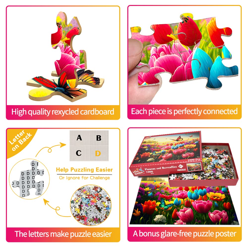 HUADADA Jigsaw Puzzles for Adults 1000 Piece Jigsaw Puzzles for Adults Challenging Game Butterfly Puzzle with Letters on Back(Butterfly and Flower) HUADADA