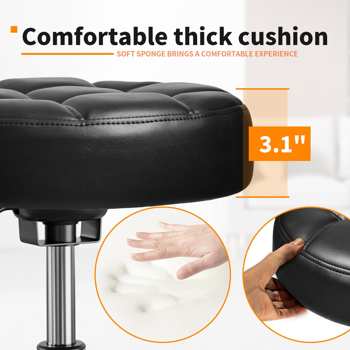 Rolling Stool PU Leather Round - Ultra Soft Padded Seat Cushion Stool with Wheels with Footrest, Weight Capacity 300lb,Adjustable Height Stool for Tattoo Massage Salon Medical Spa Center (Black1) YEEZEE