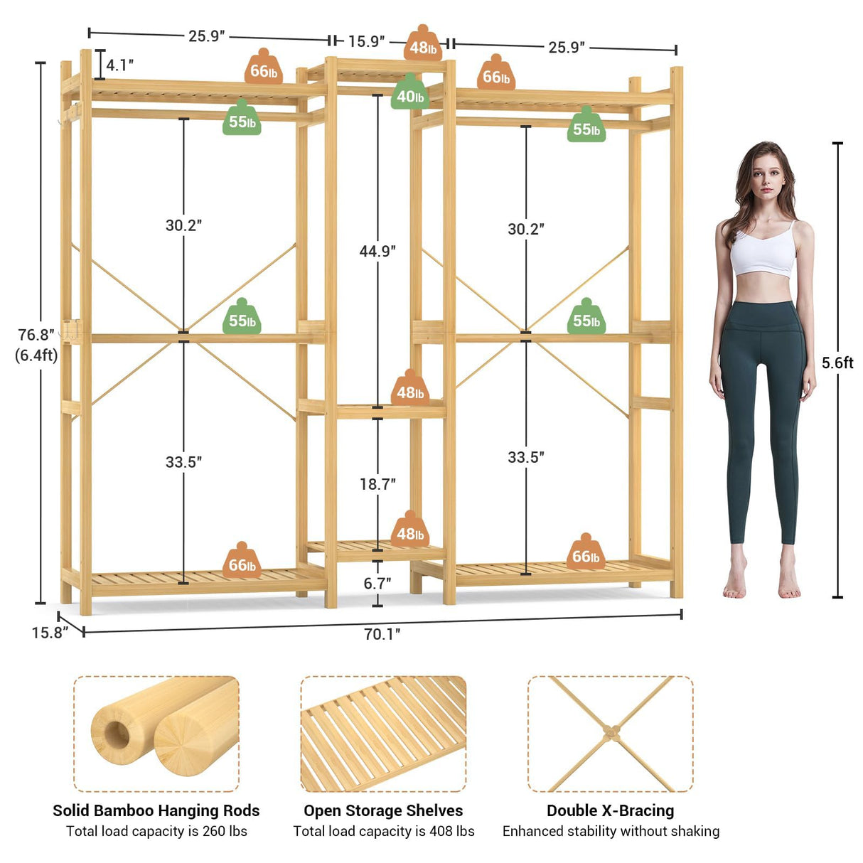 Homykic Bamboo Closet System Clothes Rack, Large Freestanding Garment Rack Clothing Rack for Hanging Clothes with 7 Storage Shelves and 5 Rods, Open Wardrobe Organizer with 4 Hooks, Natural Homykic