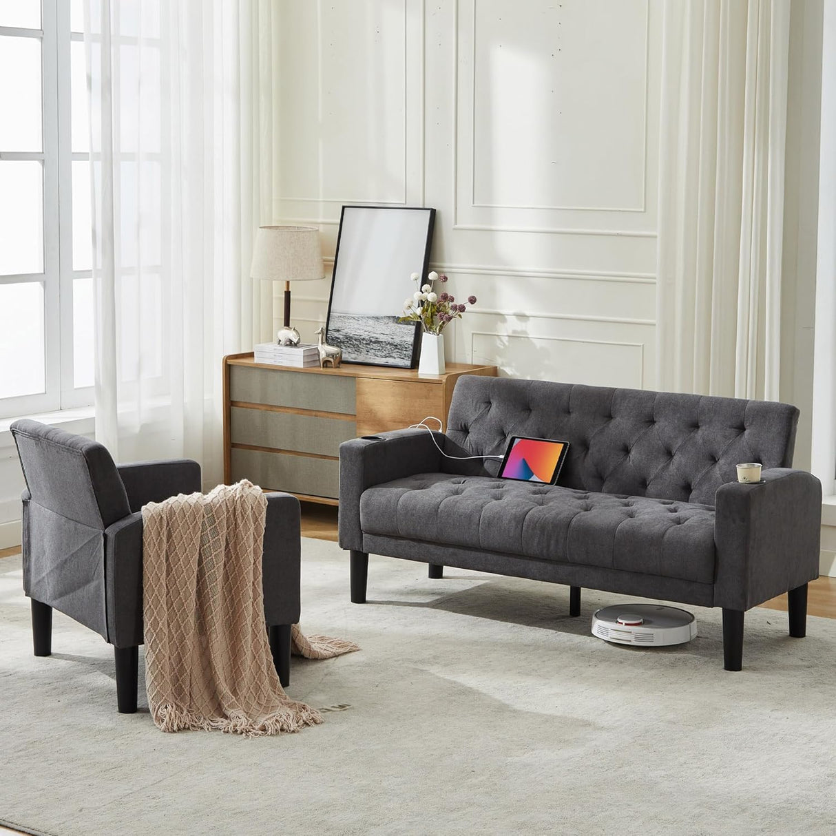 TYBOATLE Mid-Century Modern Tufted Loveseat Sofa Set w/ 2 USB & 2 Cupholders, 2 Piece Living Room Furniture Sets, Small Love Seat Couches for Small Space Apartment Bedroom Office(Dark Gray) TYBOATLE