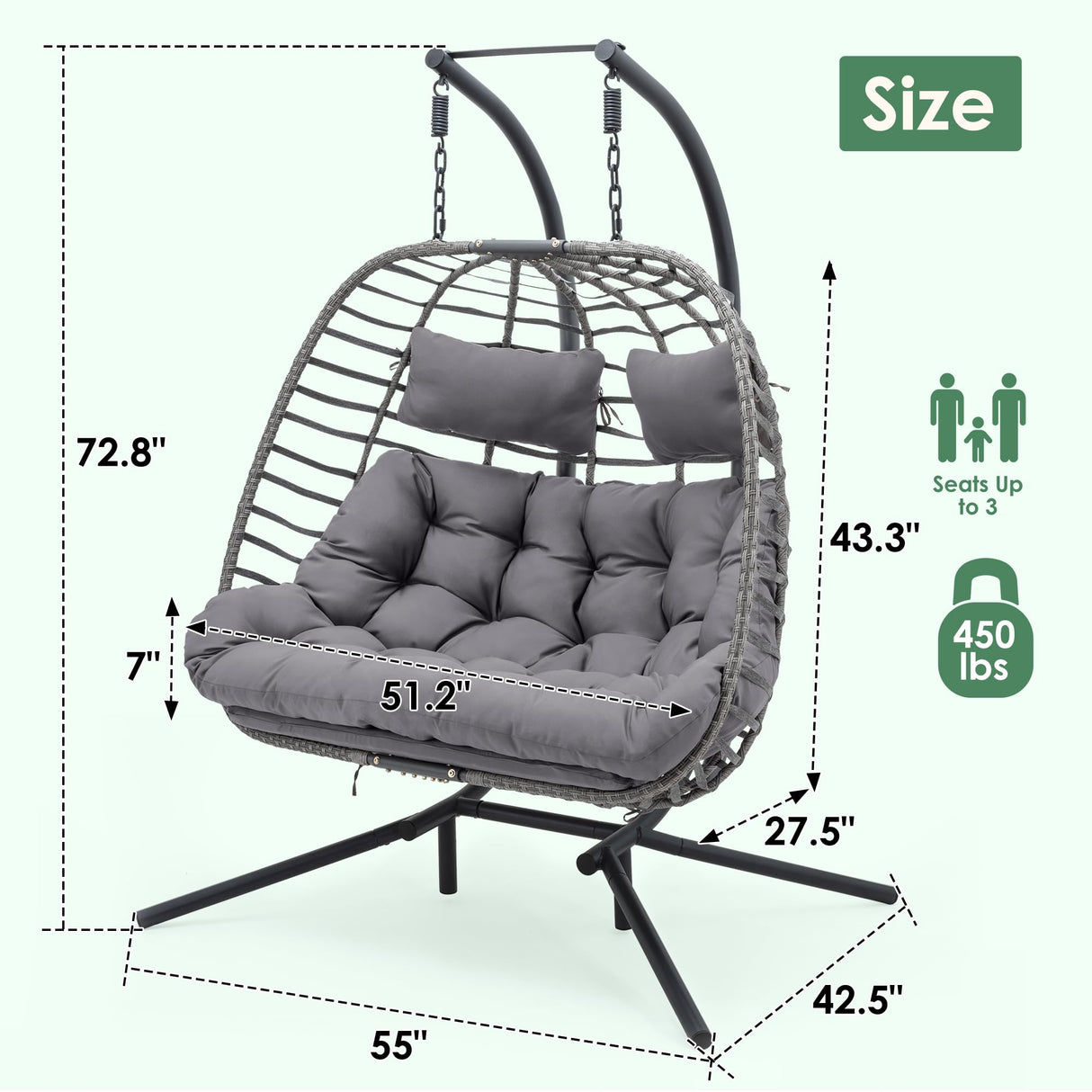 Double Egg Swing Chair with Stand for Outdoor, Patio Hand Made Rattan Wicker 2 Double Hanging Egg Chairs Hammock Chair with UV Resistant Cushion and Metal Frame, Porch Swing Loveseat for Backyard XIAO WEI