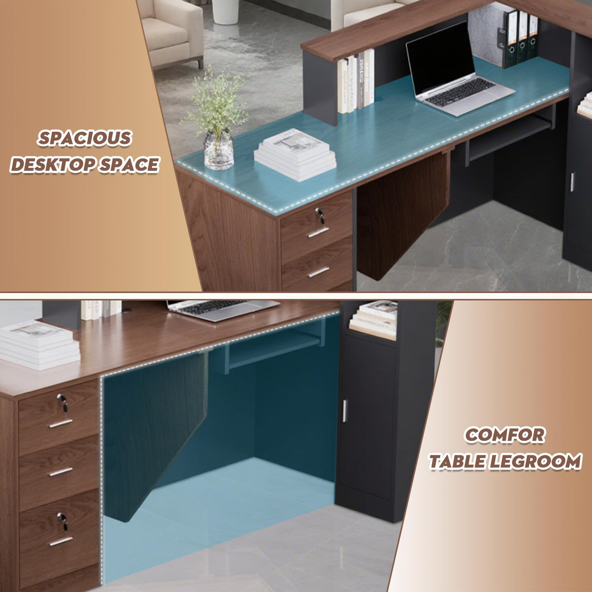 L-Shaped Large Wooden Reception Desk, Modern Front Desk Reception Counter with Lockable Drawers & Storage & Keyboard Tray, for Checkout, Lobby (Left-Walnut/Black, 71''L x 42''W x 41''H) Yorkgargen