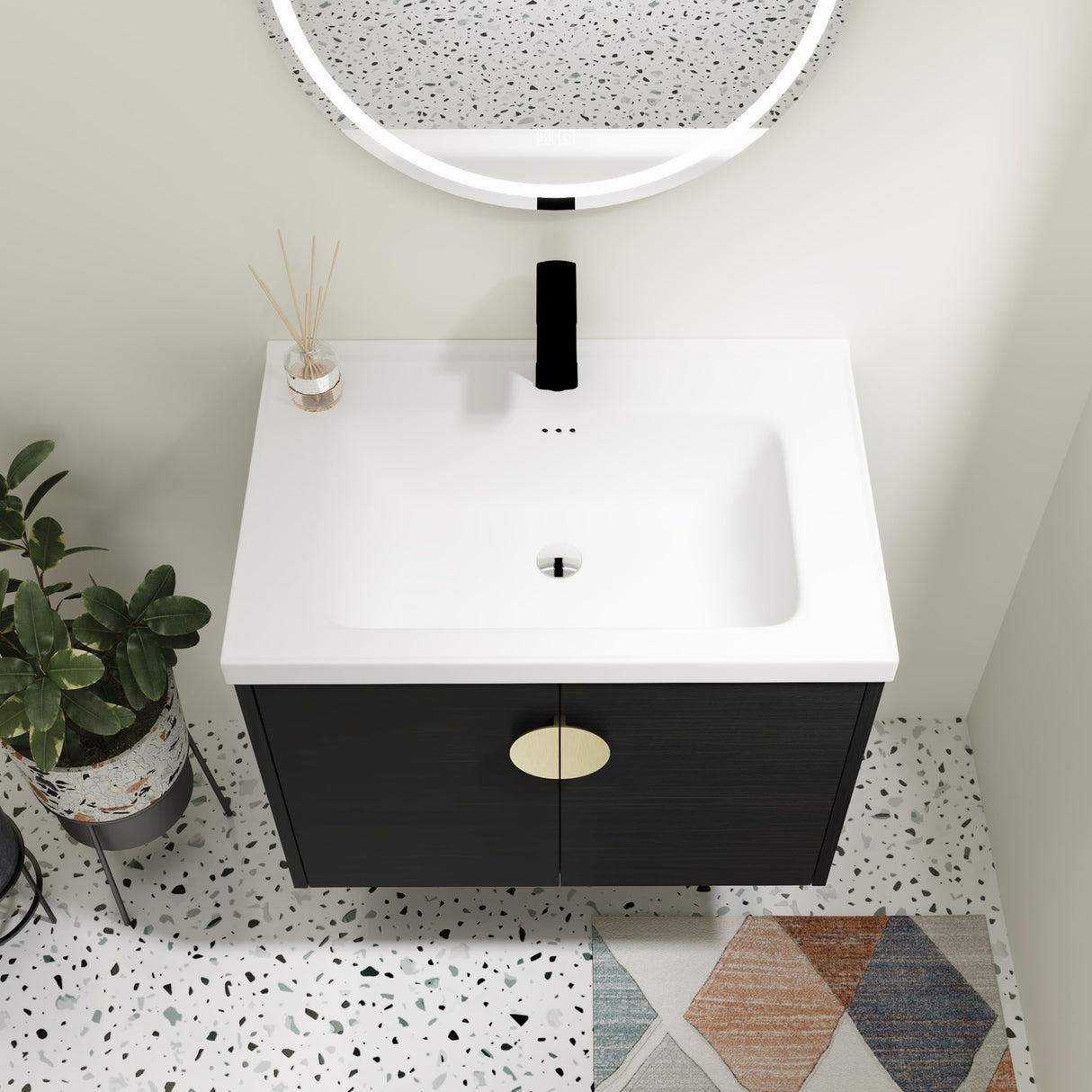 SSLine Modern 24" Floating Bathroom Vanity with Sink Wall Mounted Bathroom Vanity with Top Basin & Storage Cabinet Luxury Black Wood Hanging Vanity w/Ceramic Sink & Gold Handles for Small Space SSLine