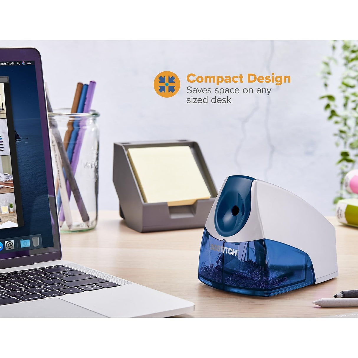 Bostitch Office Personal Electric Pencil Sharpener, Powerful Stall-Free Motor, High Capacity Shavings Tray, Blue Bostitch