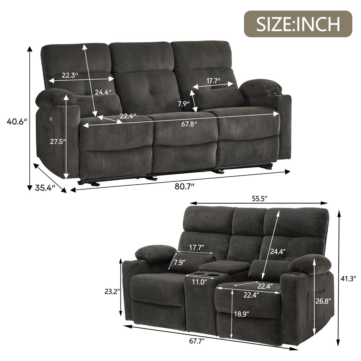 Consofa Power Reclining Sofa Set, 2 Pieces Reclining Living Room Set, Power Reclining Sofa and Loveseat Set, Recliner Sofa Set with Massage/Storage/Cup Houlder/USB Port for Living Room Consofa