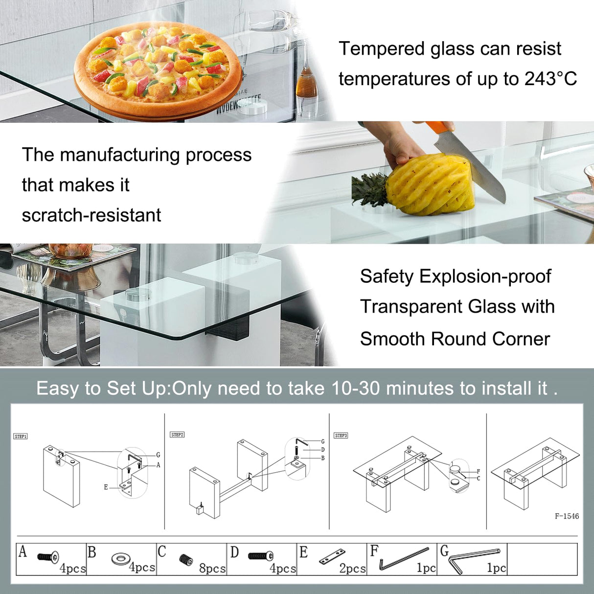 MEMUY Glass Dining Table Set for 8,Rectangle Dining Table Top with White High Glossy Wood Board Base,71”White Kitchen Table with 8 White Chairs for 6-8 Person MEMUY
