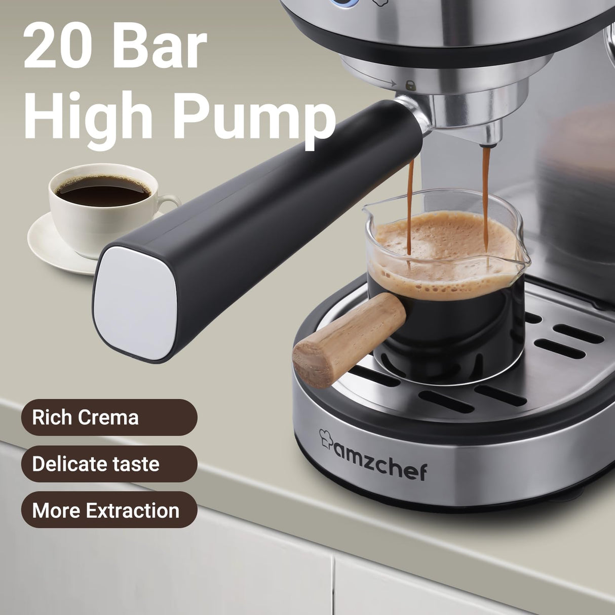 AMZCHEF Espresso Machine with 20 Bar, Professional Espresso Maker with Milk Cream/Steam Stick, Compact Stainless Steel Coffee Machines, 34oz Household Detachable Water tank, Gift for Dad or Mom AMZCHEF