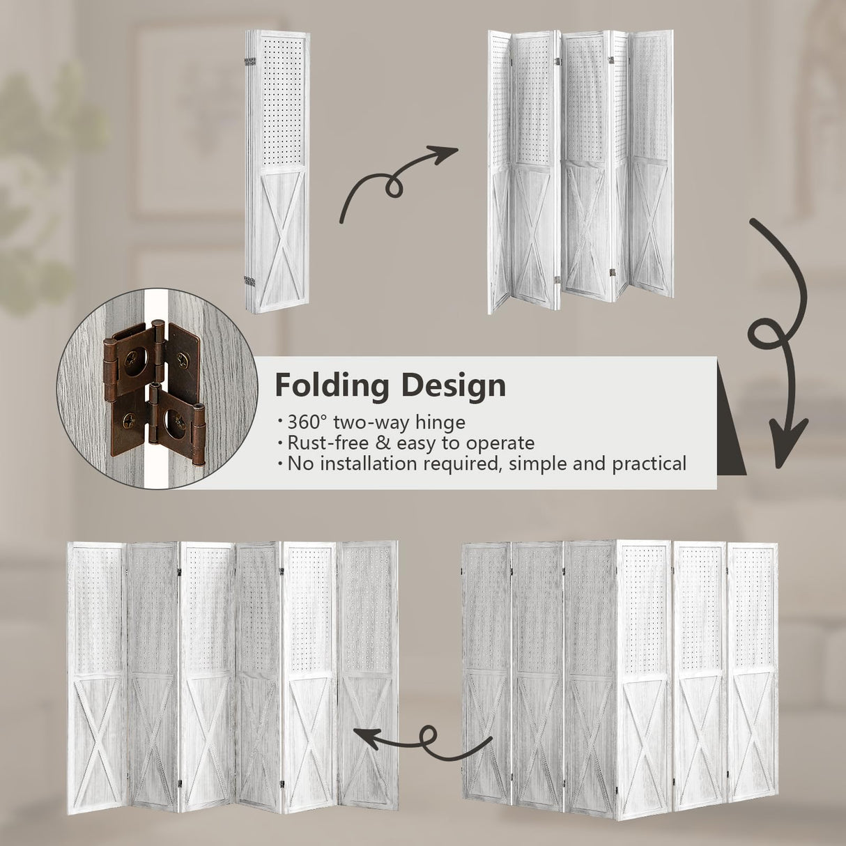 ALeesing 6 Panel Room Divider, 5.6Ft Pegboard Display Wood Folding Privacy Screens, Room Divider Peg Board Display Freestanding for Trade Show Craft Show Home Wall Organizer, Retro White ALeesing