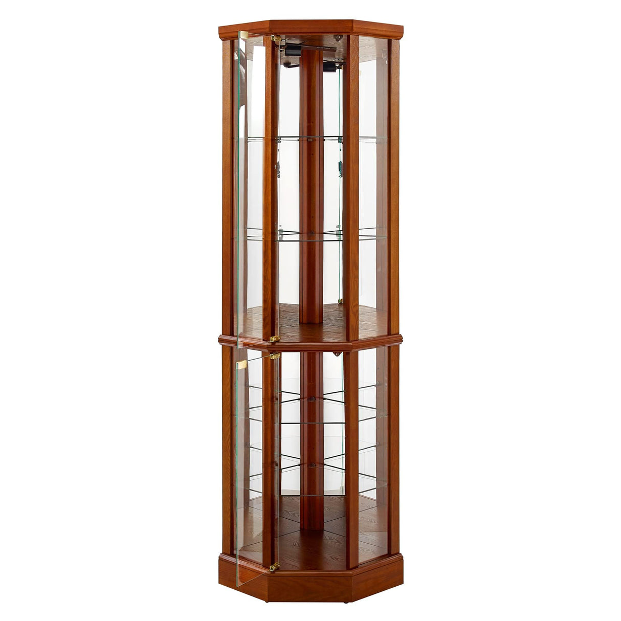 TAMUBAKS Lighted Corner Display Curio Cabinet Wooden Curved Shelving Unit with Tempered Glass Door, Bar and Liquor Storage Area with 6 Shelves - Mirror Back (Oak) TAMUBAKS