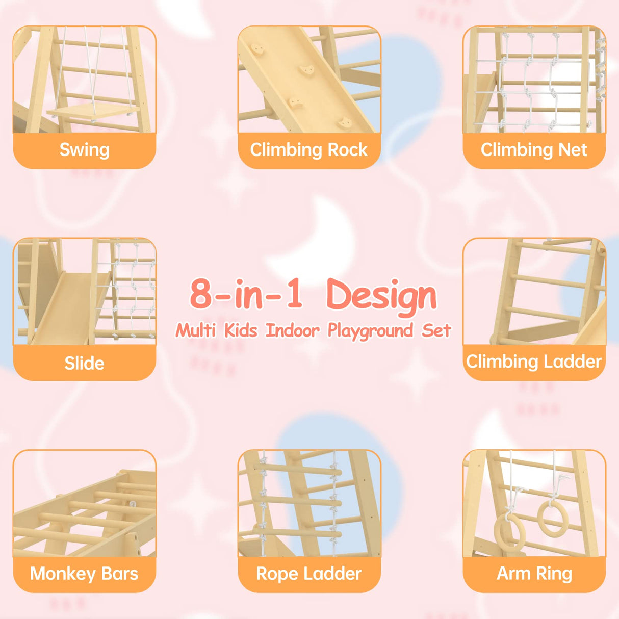 Indoor Jungle Gym, Montessori Climbing Toys, Toddler Indoor Playground Set 8-in-1 with Swing, Armband, Rock Climb Wall, Slide, Monkey Bar, Wood & Rope Ladder, Rope Wall Ladder for Kids 1-8yrs LunaQuest