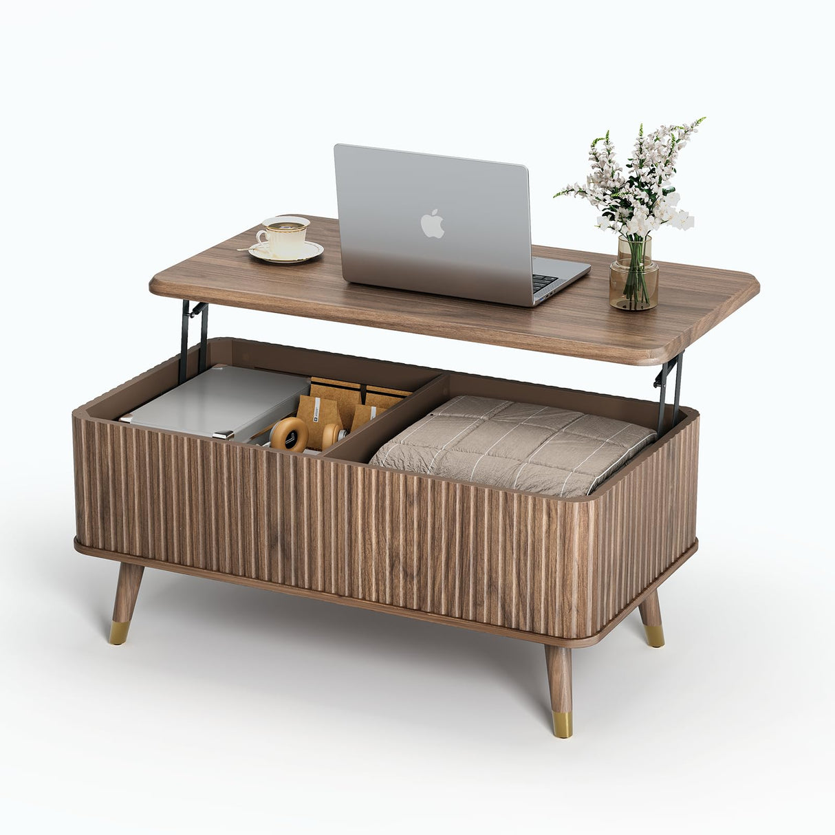JOINICE Lift Top Coffee Table with Storage, Mid Century Modern Fluted Wood Design,Pop-Up Walnut Center Table with Hidden Compartment for Living Room & Home Office Work/Dining JOINICE