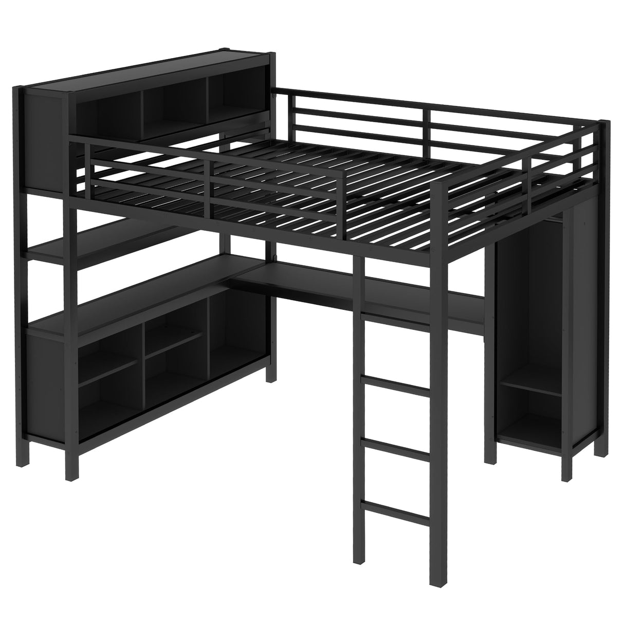 Queen Loft Bed with Wardrobe and Storage Cubes, Queen Size Loft Bed with Desk and Storage Shelf, Metal Loft Bed with Guardrail, Queen Size Loft Bed for Adults, Teens, Kids(Black Queen) Bellemave