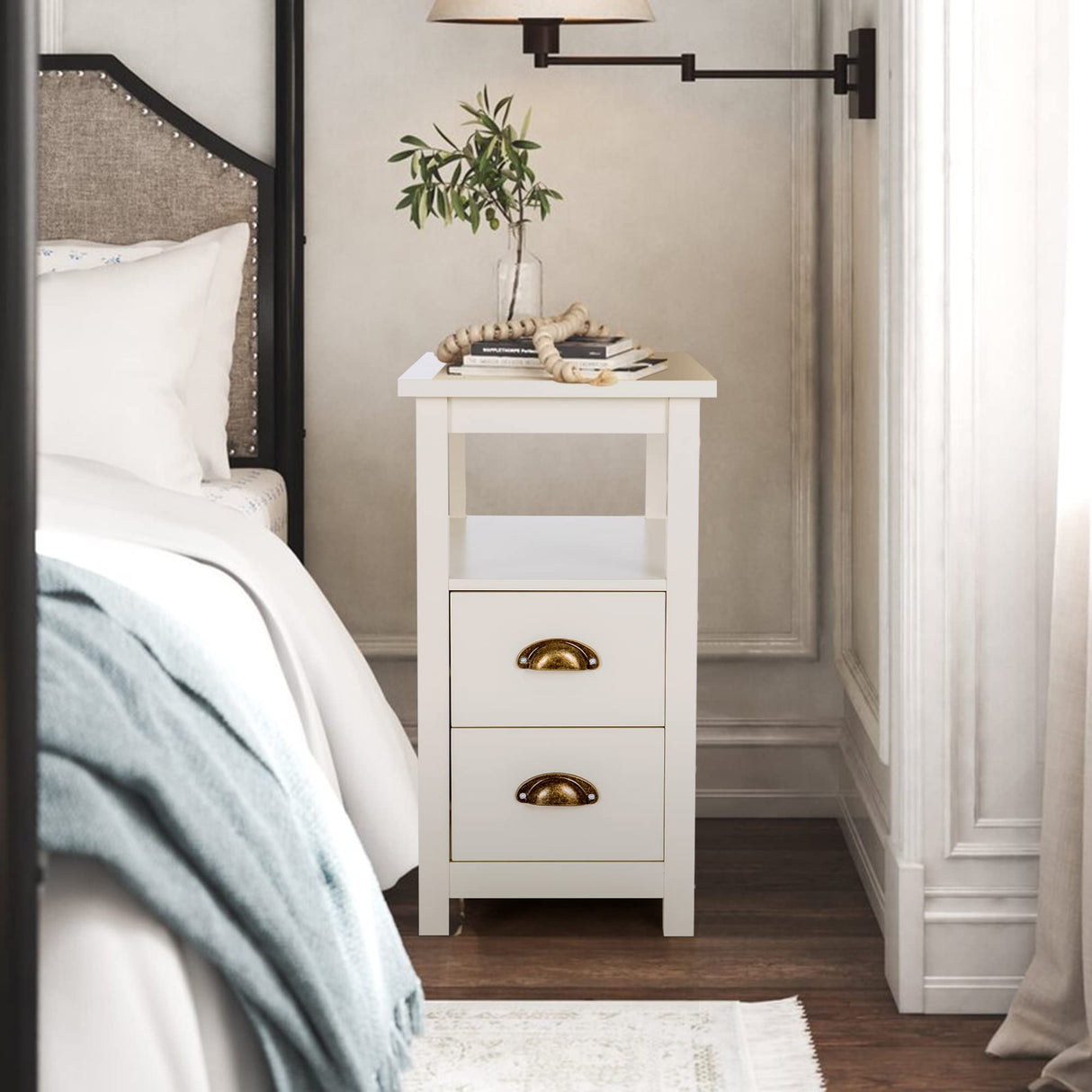 PHI VILLA Narrow End Table with 2 Drawers Nightstand Side Table Bedside Tables Small Sofa Table for Living Room Bedroom PHI VILLA