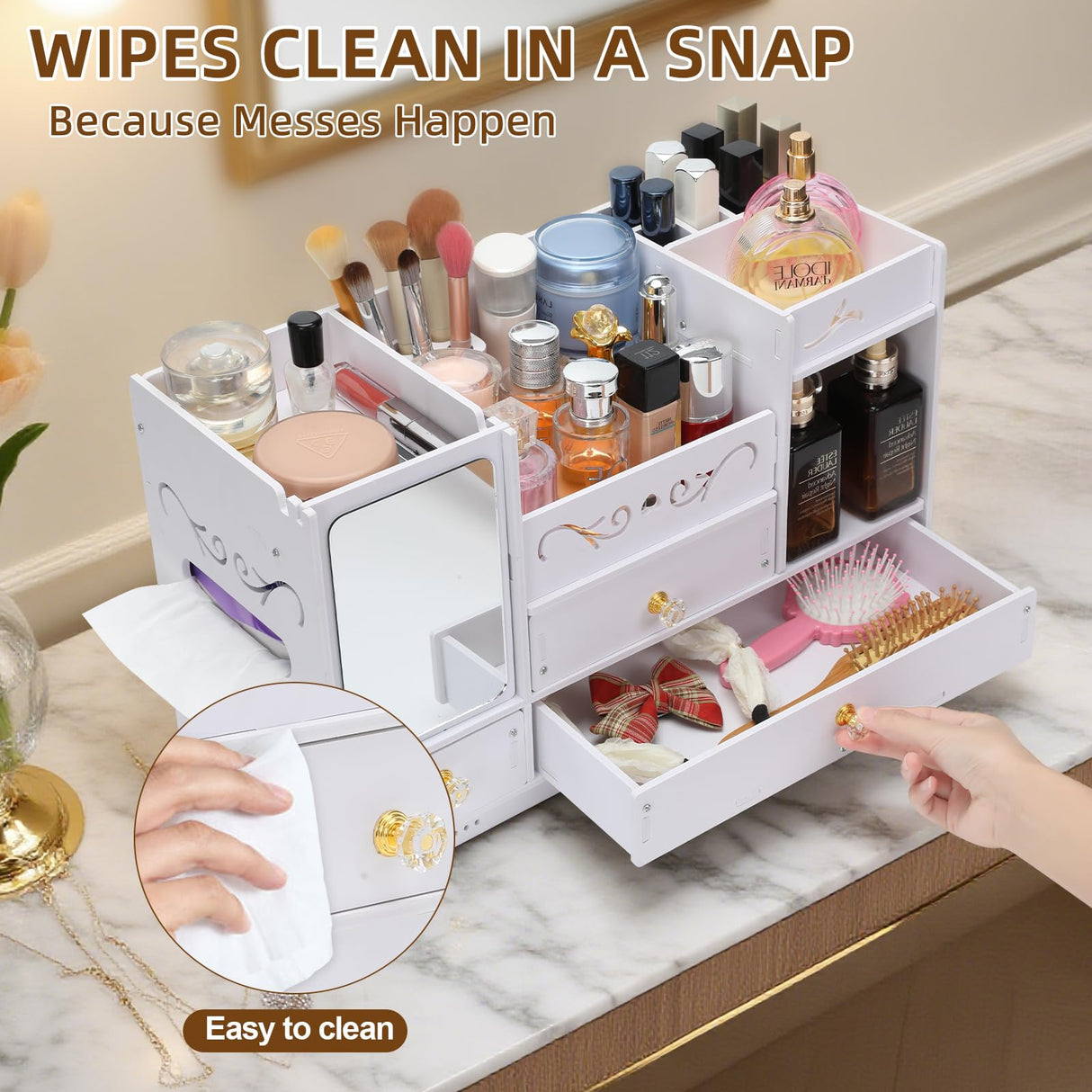 Wtufaelk Wooden Makeup Organizer for Vanity - Large White Countertop Organizer with Mirror, 3 Drawers & Brush Holder | Cosmetic & Skincare Storage Desk Organizer for Dorm, Bathroom Wtufaelk