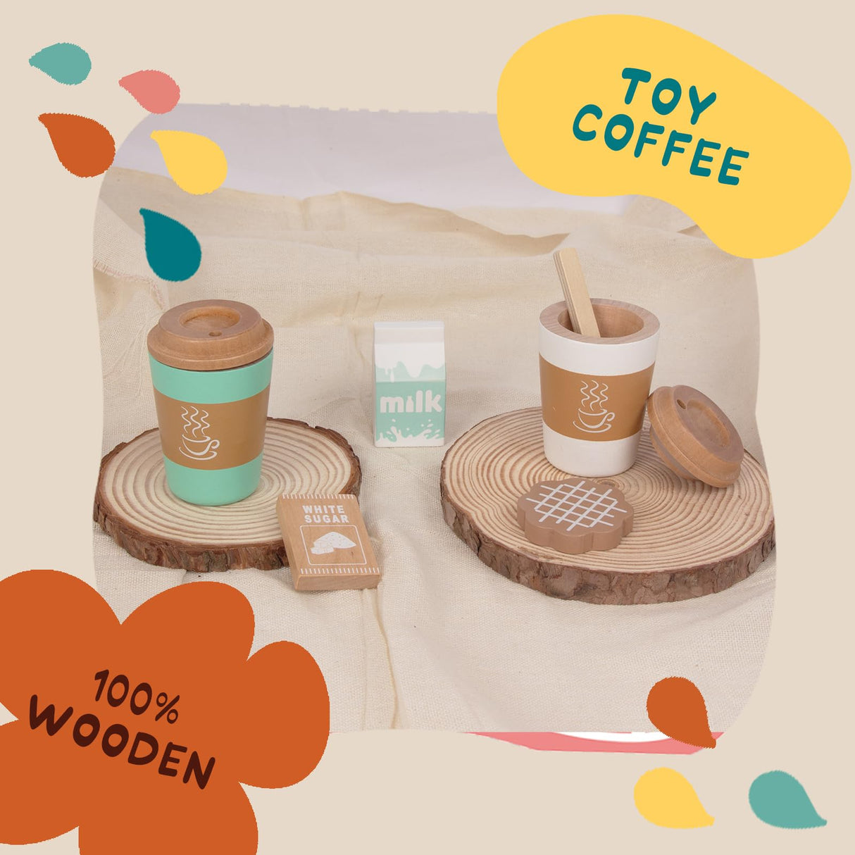 WOODENFUN Pretend Play Coffee Cup Toys,Wooden Play Kitchen Accessories,Fake Food Play for Kids Kitchen,Educational Toy for Toddler Children Birthday Gift WOODENFUN