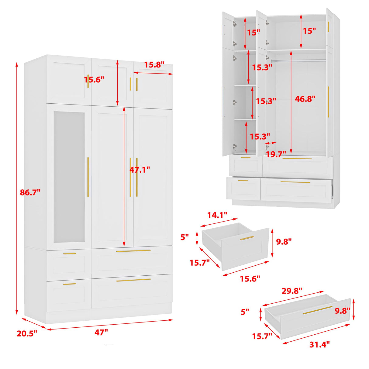 TAMUNE Wardrobe Closet with Mirror, 3 Door Wardrobe with Hanging Rod, 4 Drawers, Shelves, Modern Bedroom Armoire with Gold Handles, White Clothes Cabinet, 20.5”D x 47”W x 86.7”H TAMUNE