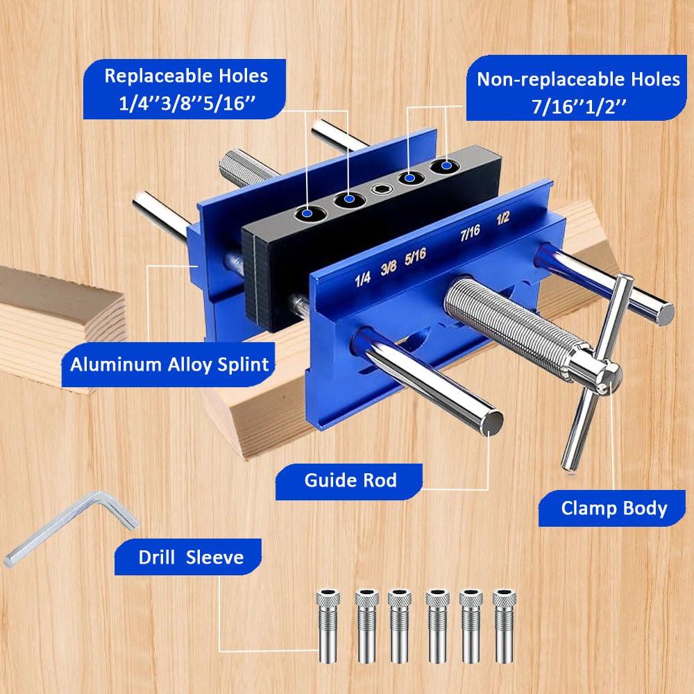 CIFUPUQU Self Centering Dowel Jig Kit,Adjustable Width Dowel Jig for Straight Holes with Elongated Jaws and Extra Wide Clamp,Biscuit Joiner Set with 6 Drill Guide Bushings CIFUPUQU