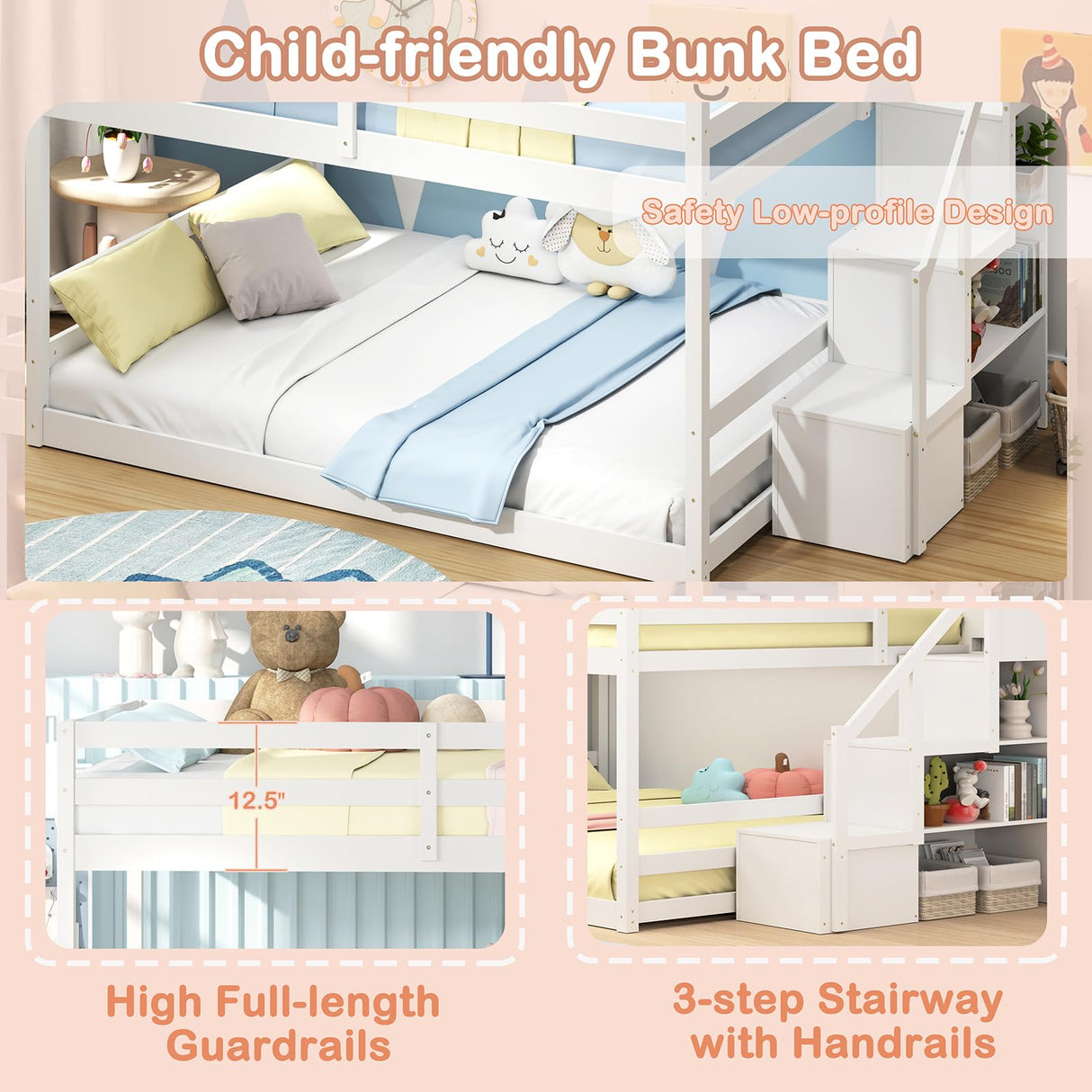 KOMFOTT Wood Full Over Full Low Bunk Bed with Storage Staircase, Wooden Bunk Bed Frame with Full-Length Guardrails, Low Profile Kids Bed with Slats Support, No Box Spring Needed KOMFOTT