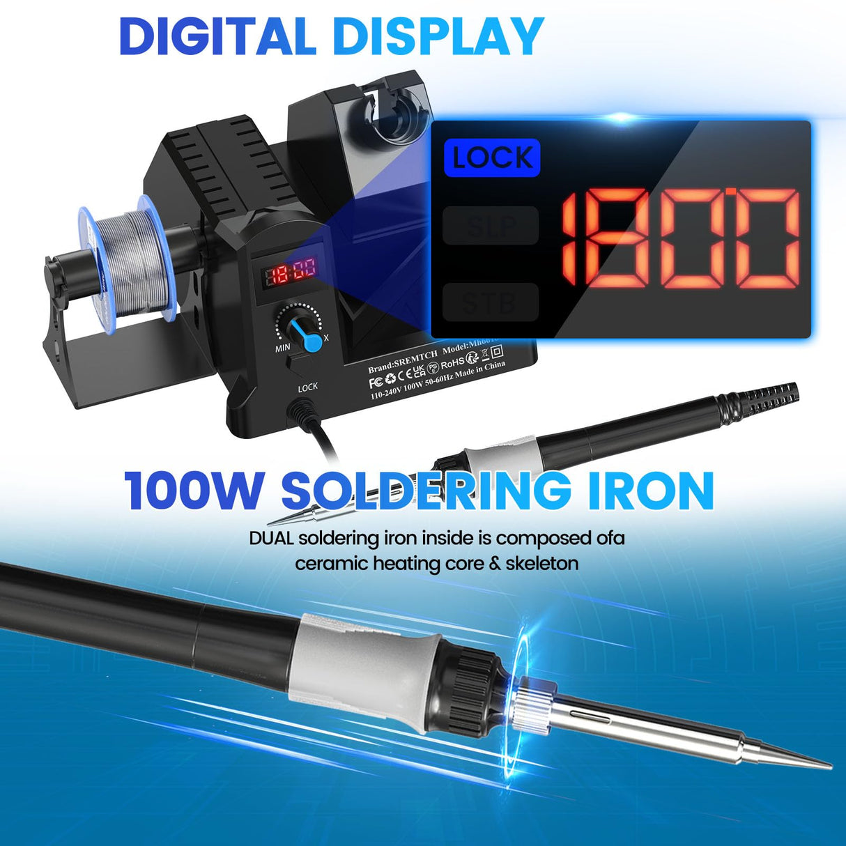SREMTCH 100W Digital Display Soldering Iron Station Kit, 12-in-1 Soldering Station with 5 Iron Tips, Solder Paster, Lead-Free Solder, Solder Sucker, S/S Tweezers, Auto Sleep 180ยฐC to 480ยฐC Temperature SREMTCH