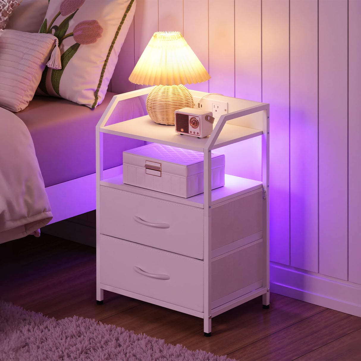 HOOBRO Nightstand with Charging Station, Bedside Table with Adjustable Fabric Drawer, Night Stand with LED Light Strip, End Table with Non-Woven Drawers, for Bedroom, White WT012UDBZ01 HOOBRO