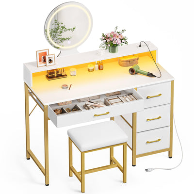 Seventable Vanity Desk with 4 Fabric Drawers, Vanity Table and Chair Set with Power Outlet & LED Strip, Makeup Table with 3 Adjustable Lighting Modes, White Gold