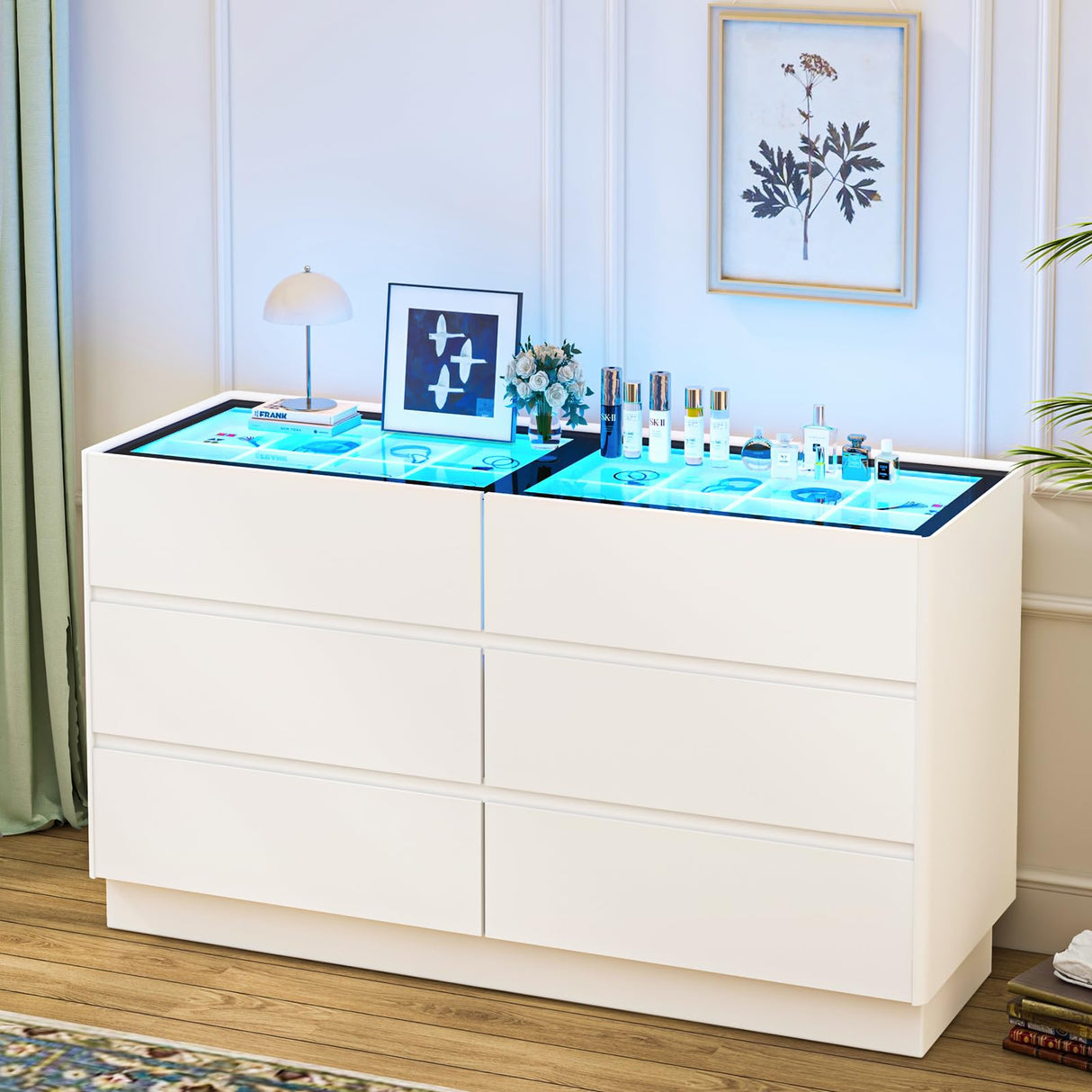 Alorksi 6 Drawer Dresser for Bedroom with Tempered Glass Top, Wide Modern Dresser Organizer with LED Lights, Chest of Drawers for Living Room, Entryway, White Alorksi