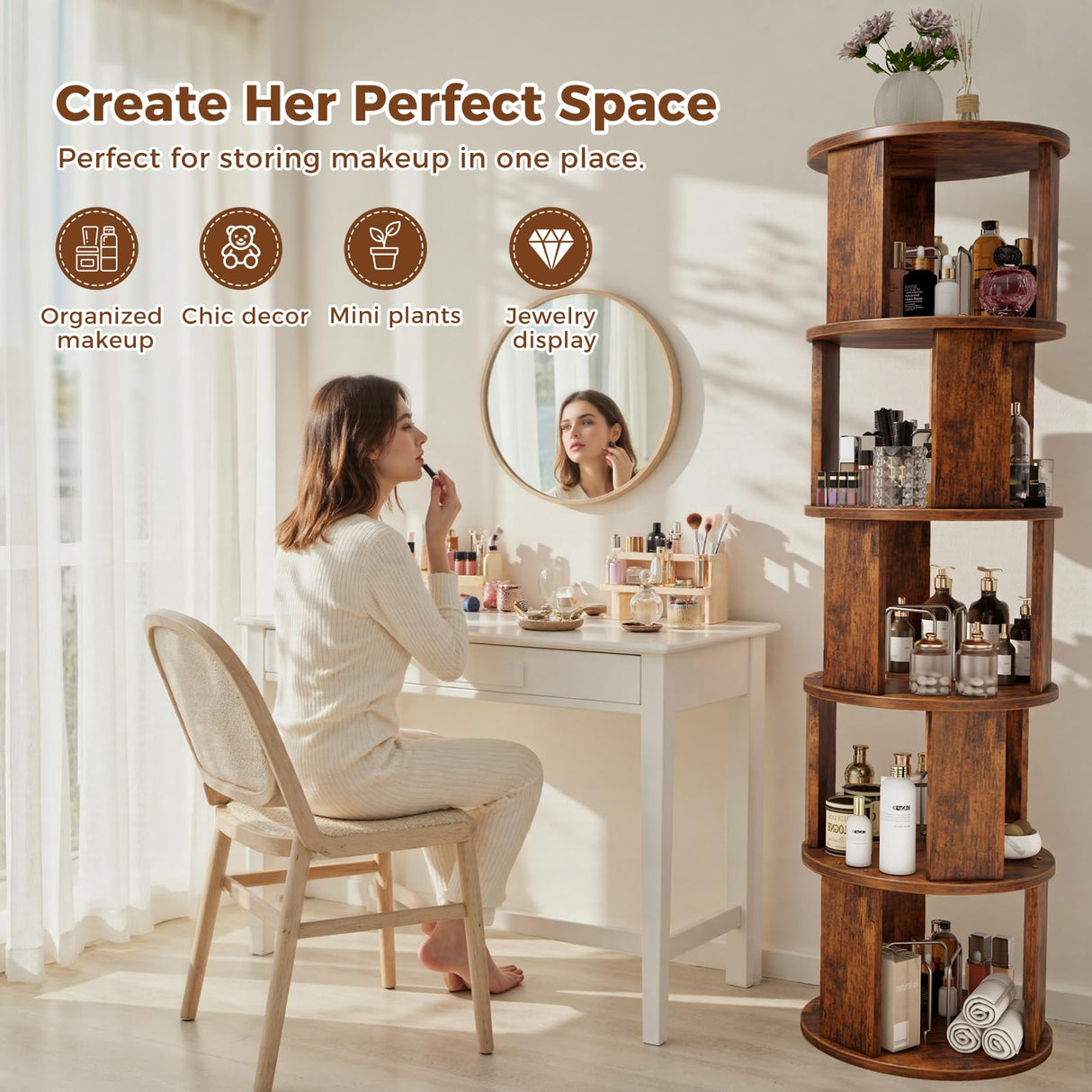 VYRIVA 5 Tier Rotating Bookshelf Tower, 360° Display Round Bookcase, Floor Standing Corner Revolving Bookshelf Organizer Storage Rack for Home Study Office, Walnut VYRIVA