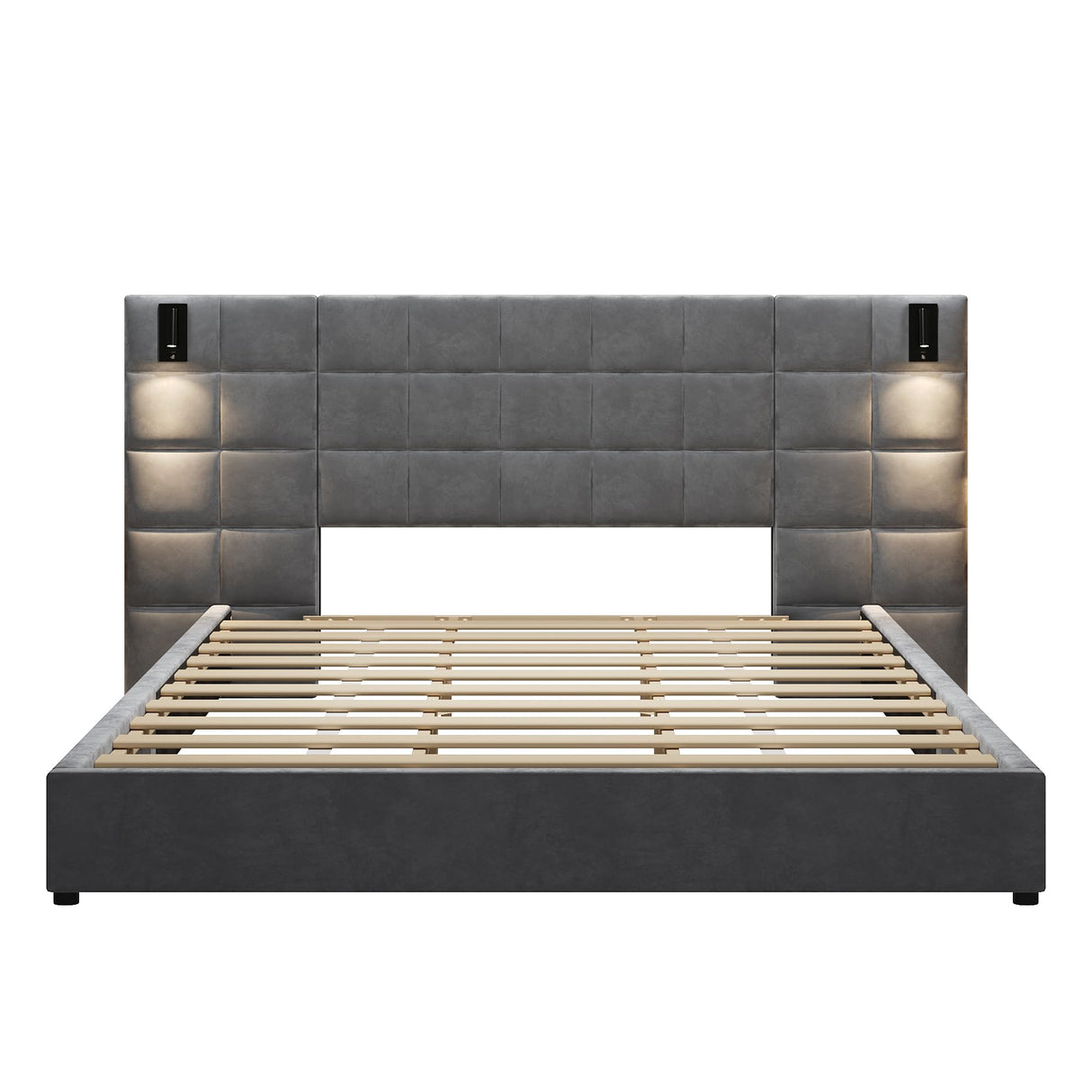 Christopher Knight Home Svens 46" High Headboard Bed, King Size Platform Bed Frame, Soft Velvet Upholstered California King Bed Frame, Square Pattern Design with Reading Lamps and USB Ports, Grey Christopher Knight Home
