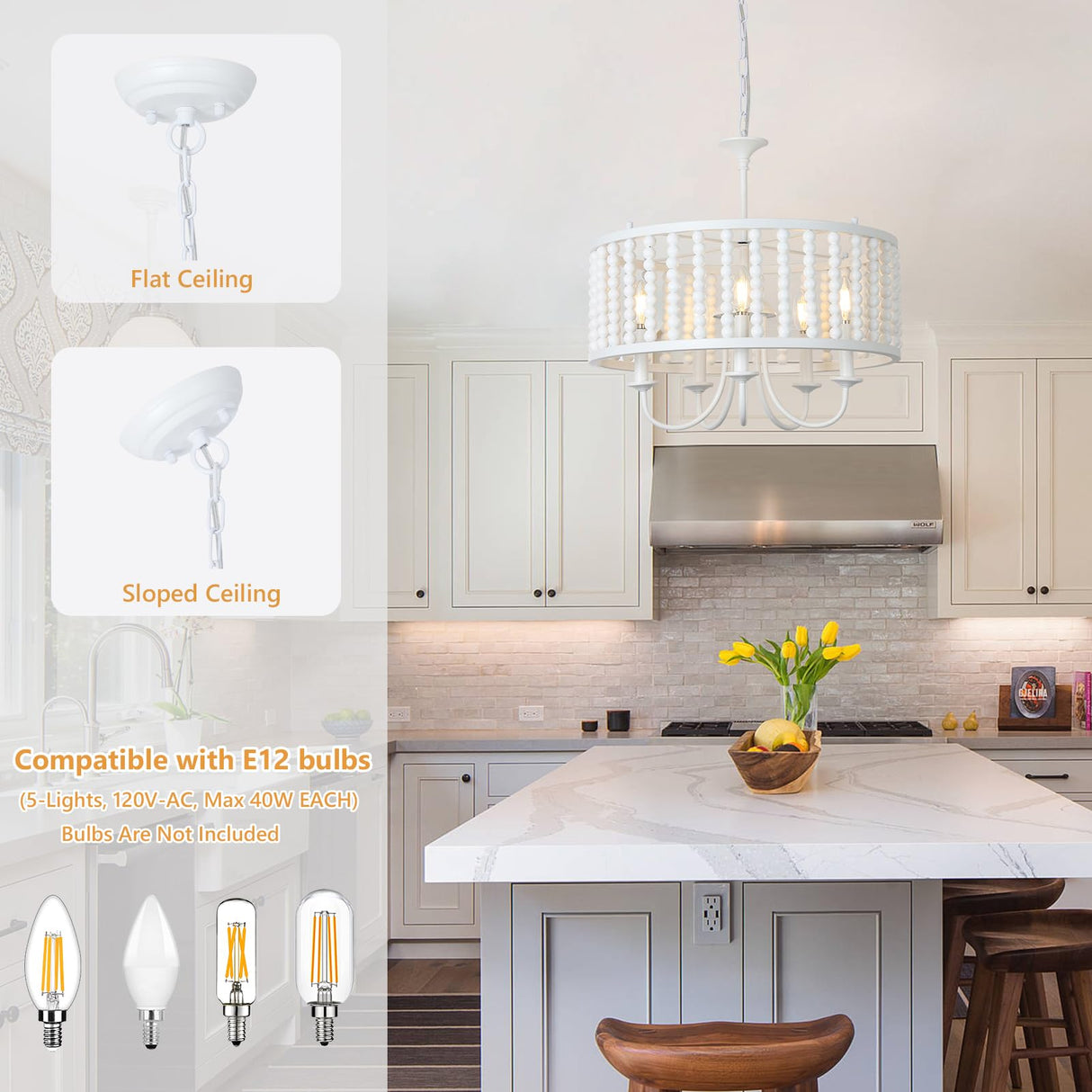 LAMSU Farmhouse Chandeliers for Dining Room, 5-Light Boho Wood Chandelier Light Fixture with Solid Wooden Beaded Shade, Modern Drum Chandeliers for Living Room Kitchen Island Bedroom Foyer, White LAMSU