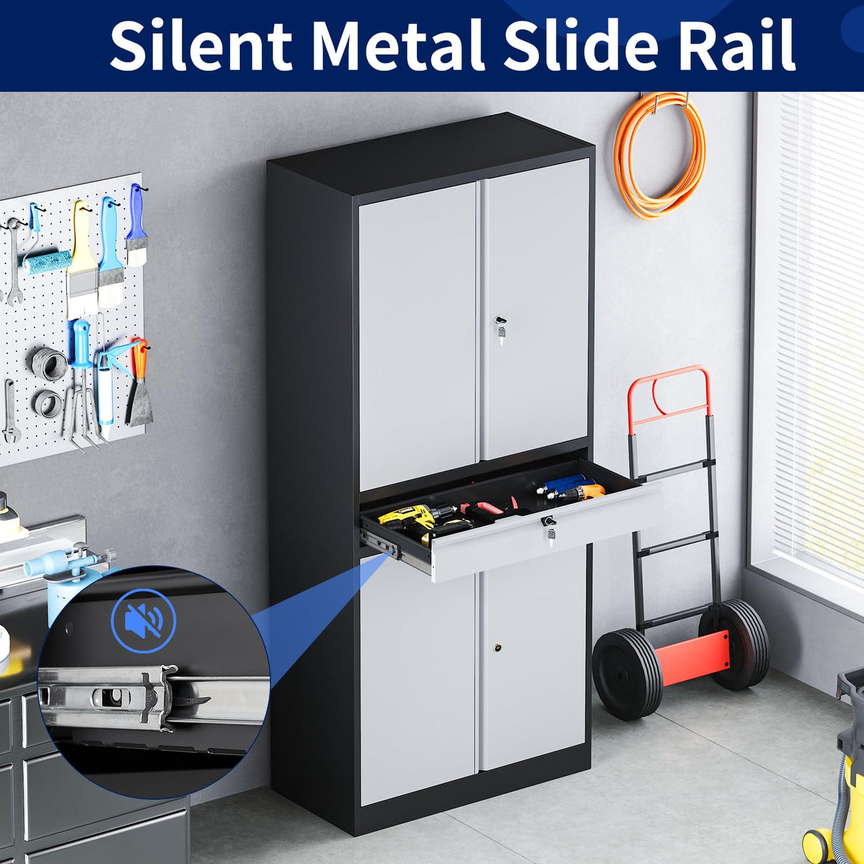 Yizosh Metal Garage Storage Cabinet with Locking Doors and Adjustable Shelves, Tool Storage Cabinet with 1 Drawer - 71" Steel Locking Cabinet for Garage, Warehouse (Gray Black) Yizosh