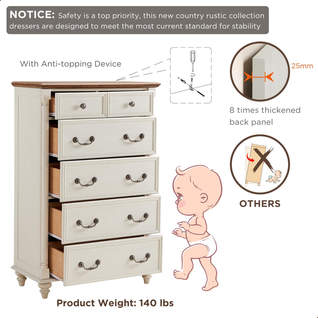 T4TREAM Farmhouse 6 Drawers Dresser Chests for Bedroom w/4 Solid Wood Feet &Column Decor, Tall Wood Rustic Chest of Drawers, Storage Dressers Organizer for Bedroom, Living Room, Nursery, Antique White T4TREAM