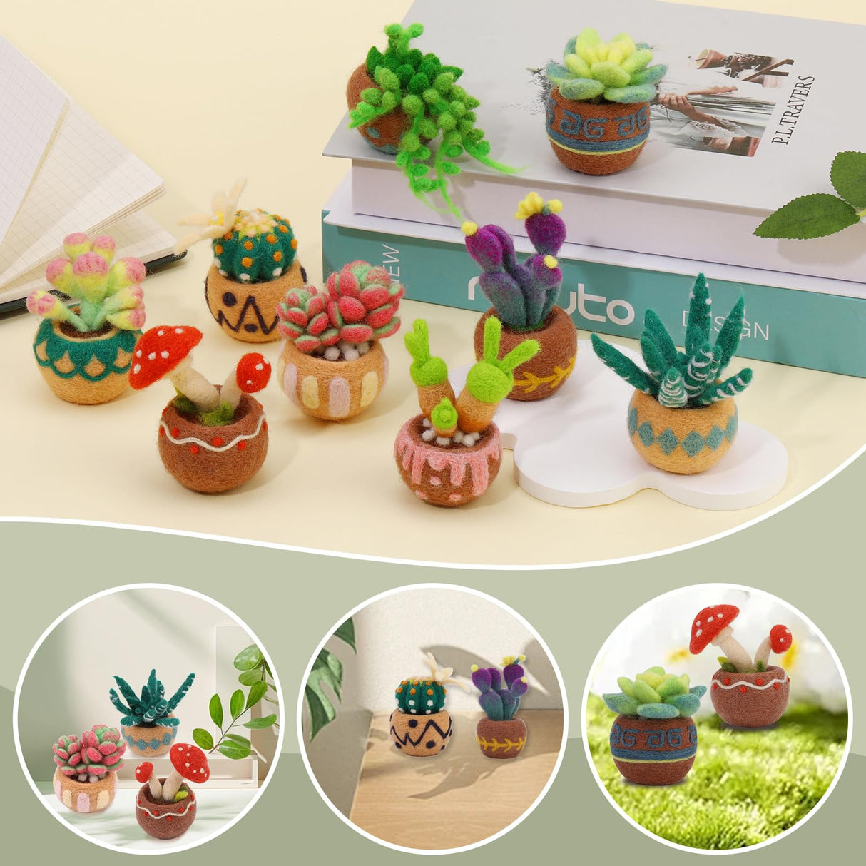 Yizzvb Needle Felting Kit, 9 PCS Succulent Needle Felt Beginner Kits, Wool Felting Kit Including Wool Roving, Felting Pad, Felting Needles and Instructions for DIY Craft Home Decoration Yizzvb
