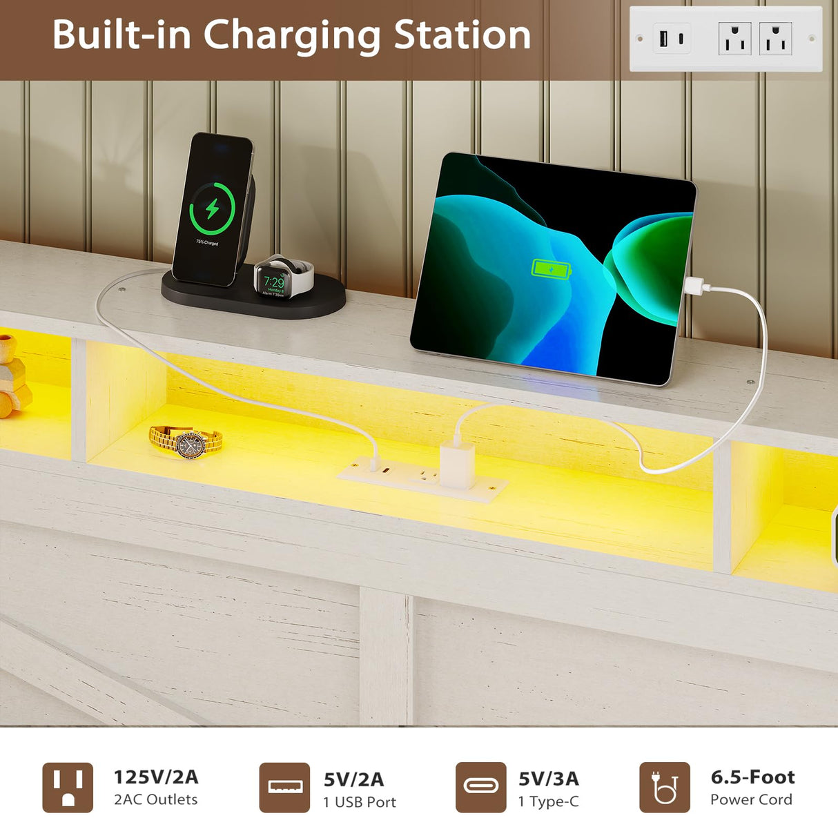 VIAGDO Daybed Twin with Pop Up Trundle, Farmhouse Wooden Day Bed Frame with 3 Storage Drawers and Shelves, Twin to King Daybed with Charging Station and LED Lights for Bedroom, Guest Room, White VIAGDO