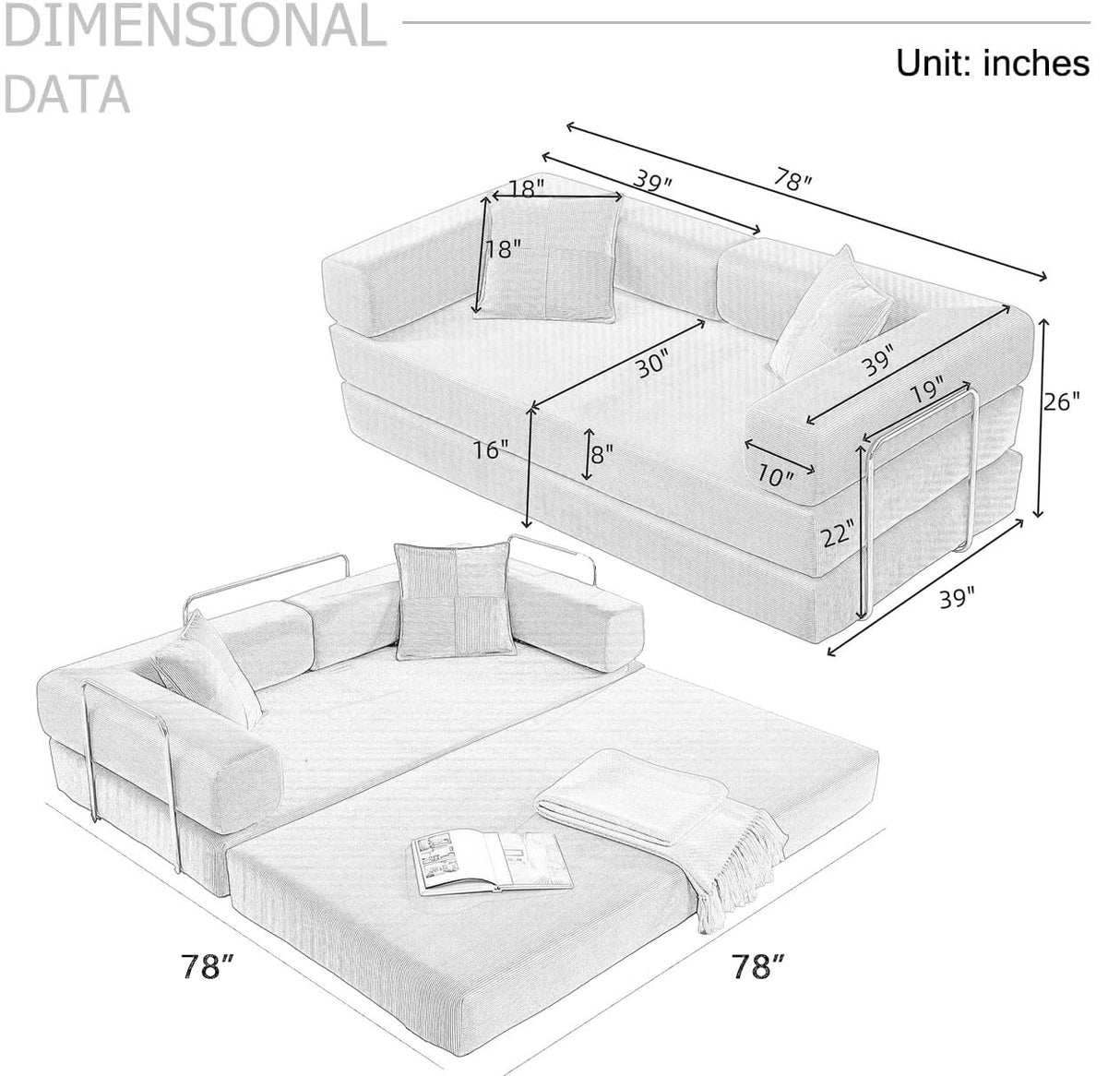 HANXIN 78 Inch Convertible Sleeper Sofa Bed, Folding Floor Mattress Couch with Fixed-Shape Frame, Futon Boneless Couch Lounge Loveseat with Pull Out Bed, No Assembly Required (Beige) HANXIN