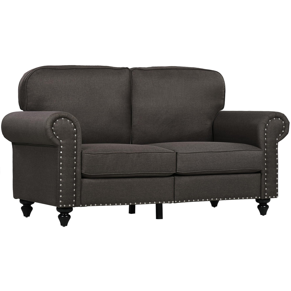 HOMCOM 61" Loveseat Sofa, Mid Century Modern 2 Seater Small Couch with Nailhead Trim, Rolled Arm, Fabric Upholstered Love Seat for Living Room and Bedroom, Dark Brown HOMCOM