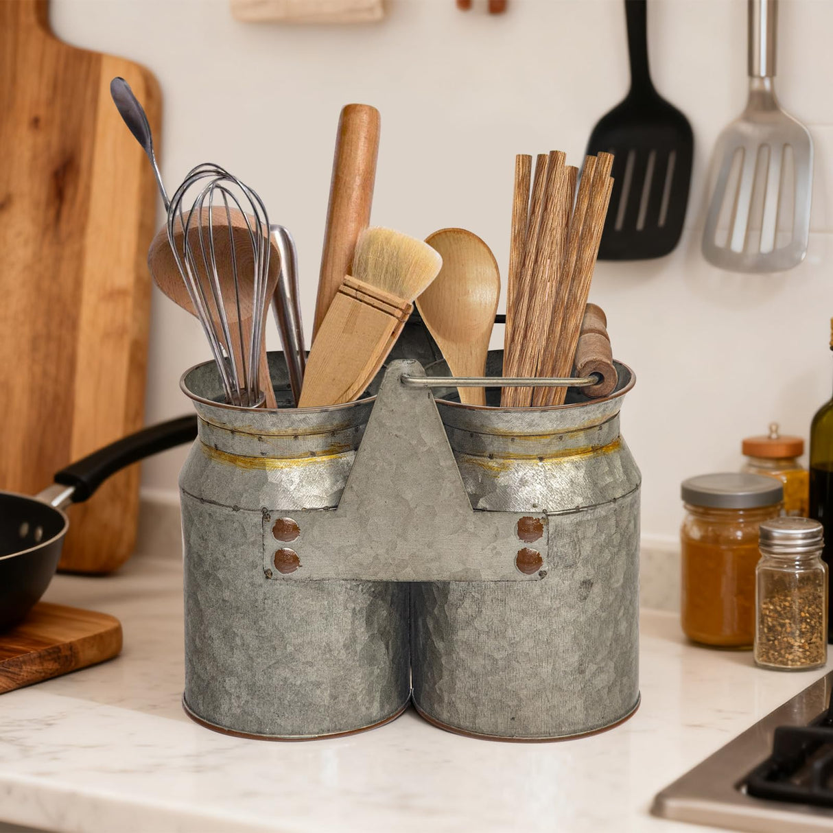 UPPER DECOR Set of 2 Rustic Galvanized Metal Utensil Holders with Handles, Farmhouse Kitchen Crocks for Spoons, Forks, and Knives, Countertop Organizer Buckets for Rustic Kitchen Décor, 8x4x6.75 Inch UPPER DECOR