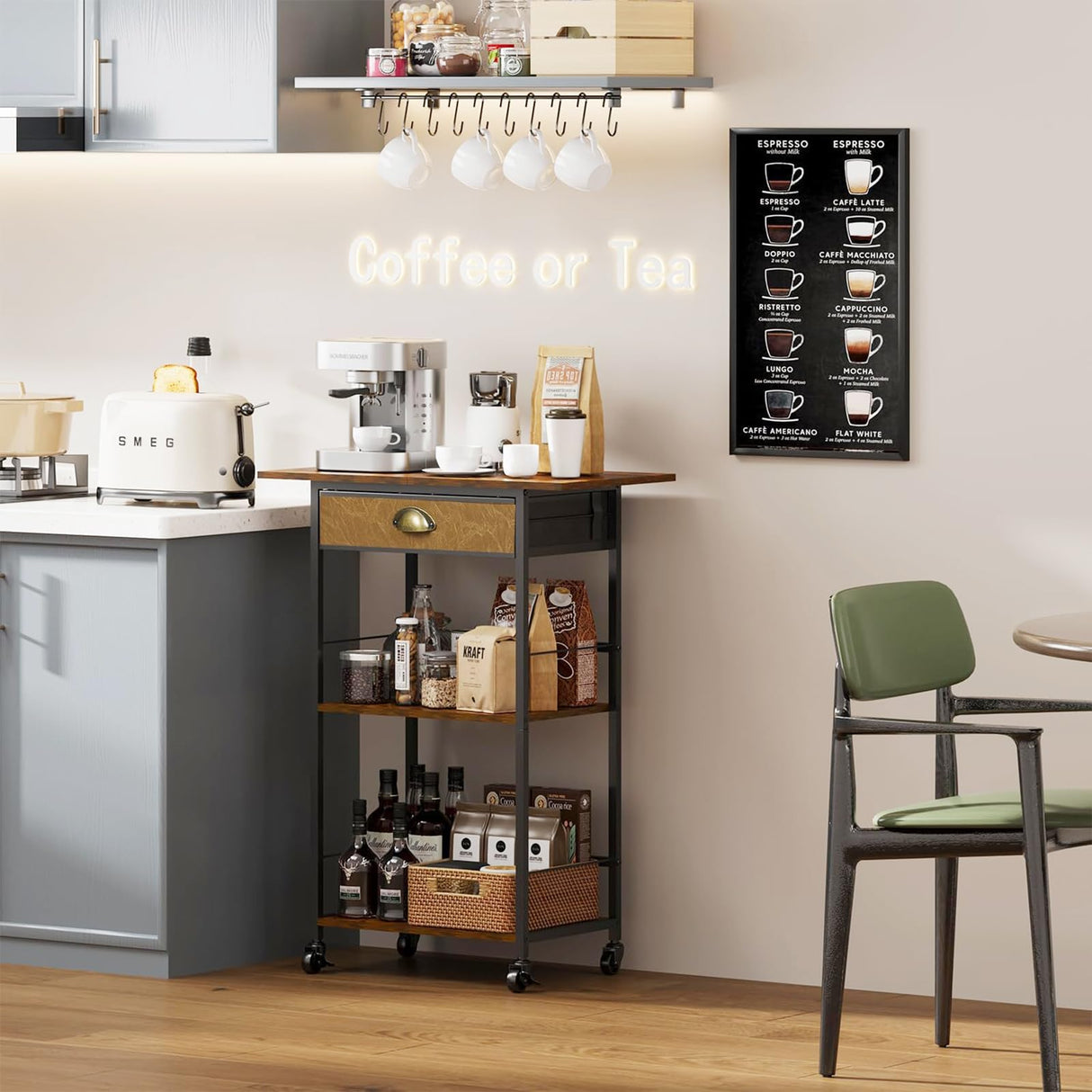 Coffee Bar Stand Station Cart with Storage Drawer -3 Tier, Extended Worktop Coffee Table, Farmhouse Corner Bar Cabinet for Small Spaces, Barkers Rack & Home Bar for Kitchen , Entryway, Living Room X-cosrack